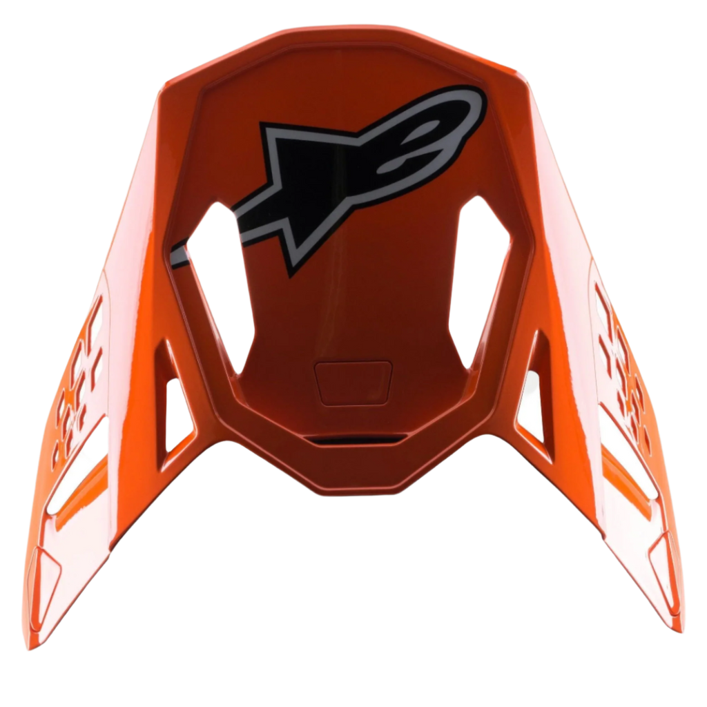 Alpinestars S-M8 Factory-visir, tillbehör för motocrosshjälm, glansig orange med stor svart och vit Alpinestars-logotyp, aerodynamiska ventilationsöppningar, ersättningsvisir för Supertech M8-hjälmar