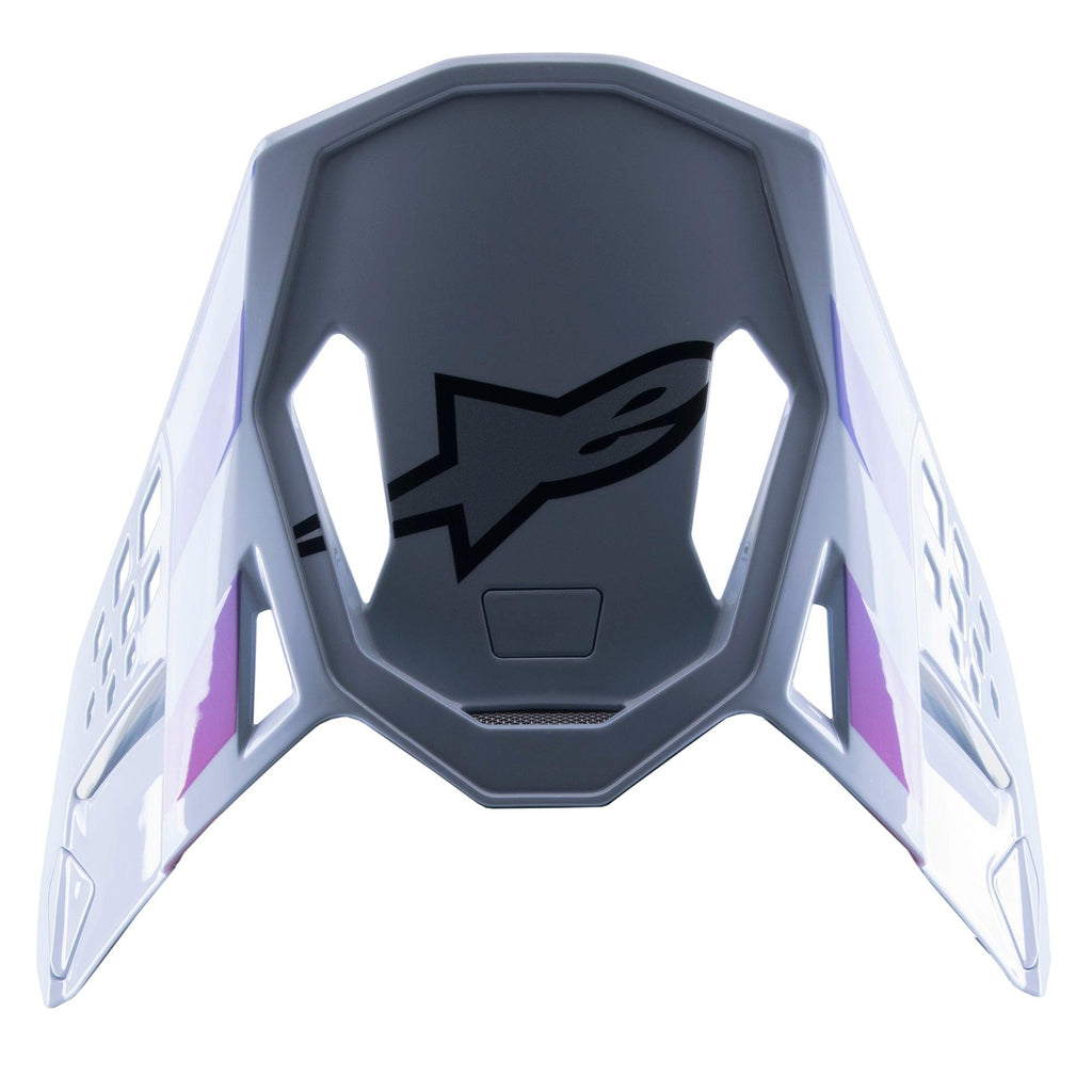 Alpinestars Supertech M10 Daytona 23 LE Visir, ersättningsvisir för motocross, Haze Gray med lila och vita detaljer, svart logotyp på undersidan, lättviktig ventilerad design för MX-racing