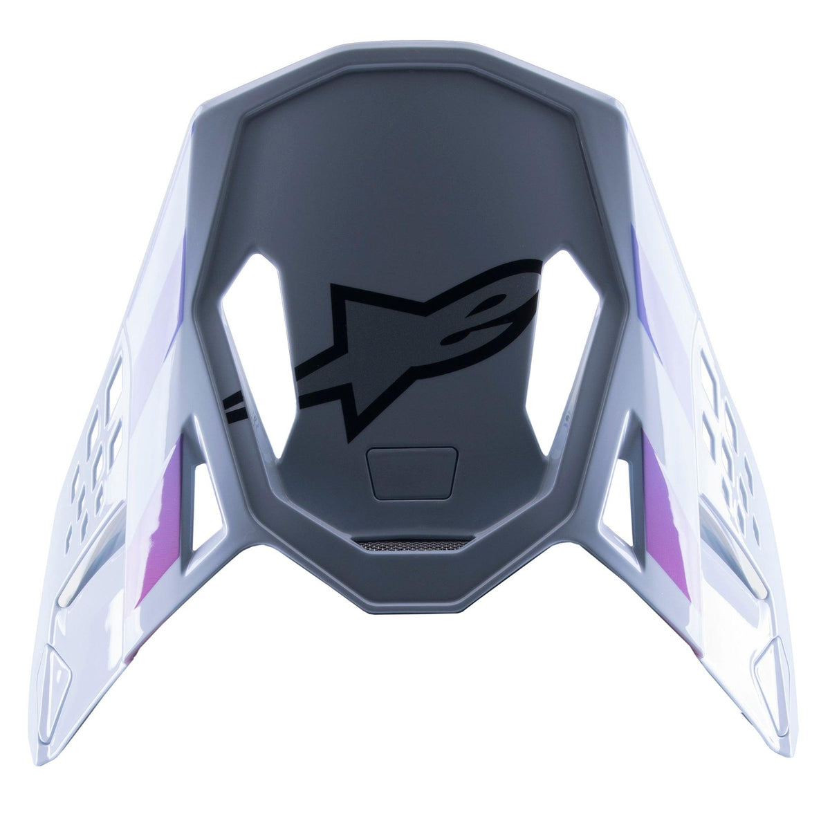 Alpinestars Supertech M10 Daytona 23 LE Visir, ersättningsvisir för motocross, Haze Gray med lila och vita detaljer, svart logotyp på undersidan, lättviktig ventilerad design för MX-racing