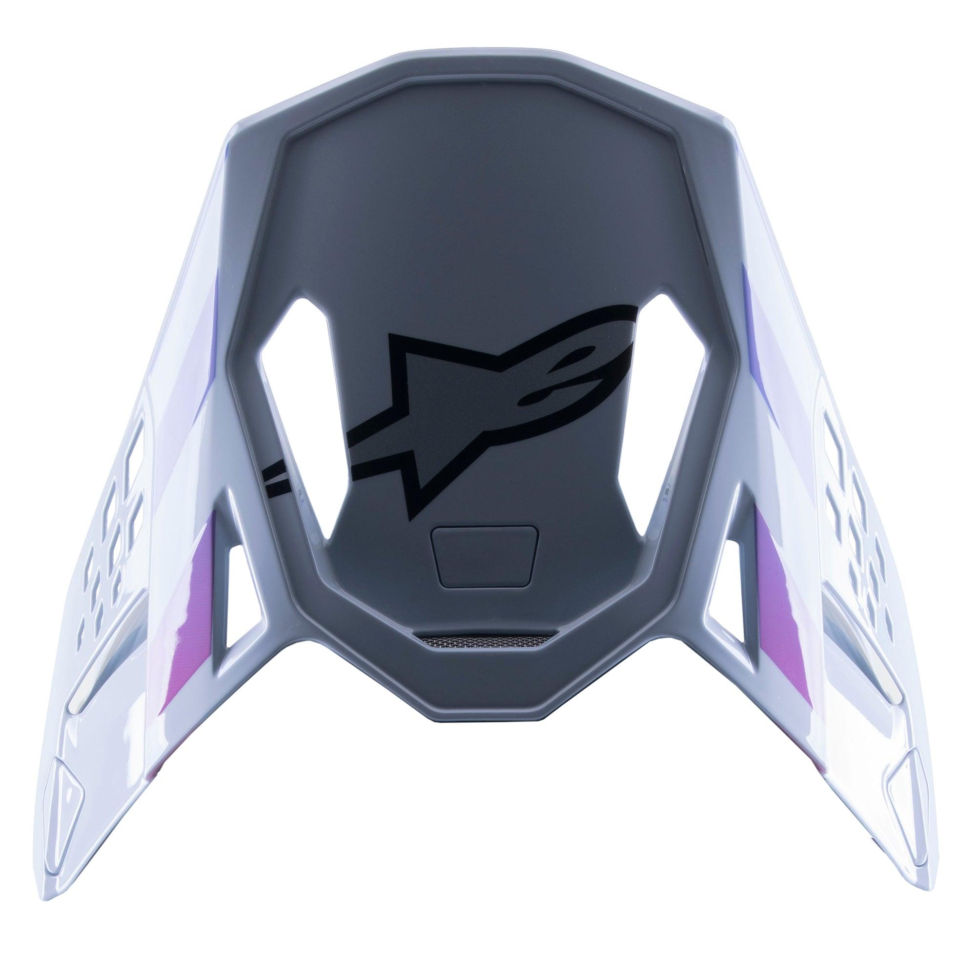 Alpinestars Supertech M10 Daytona 23 LE Visir, ersättningsvisir för motocross, Haze Gray med lila och vita detaljer, svart logotyp på undersidan, lättviktig ventilerad design för MX-racing