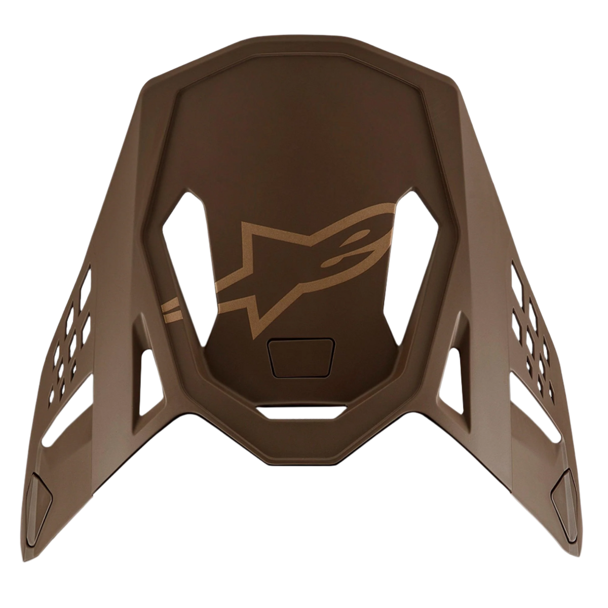 Alpinestars Supertech M10 Squad 23 LE Visor, Motocross Helmet Replacement Peak, Dark Brown and Kangaroo Gold, featuring a central gold Alpinestars logo and aerodynamic ventilation cutouts