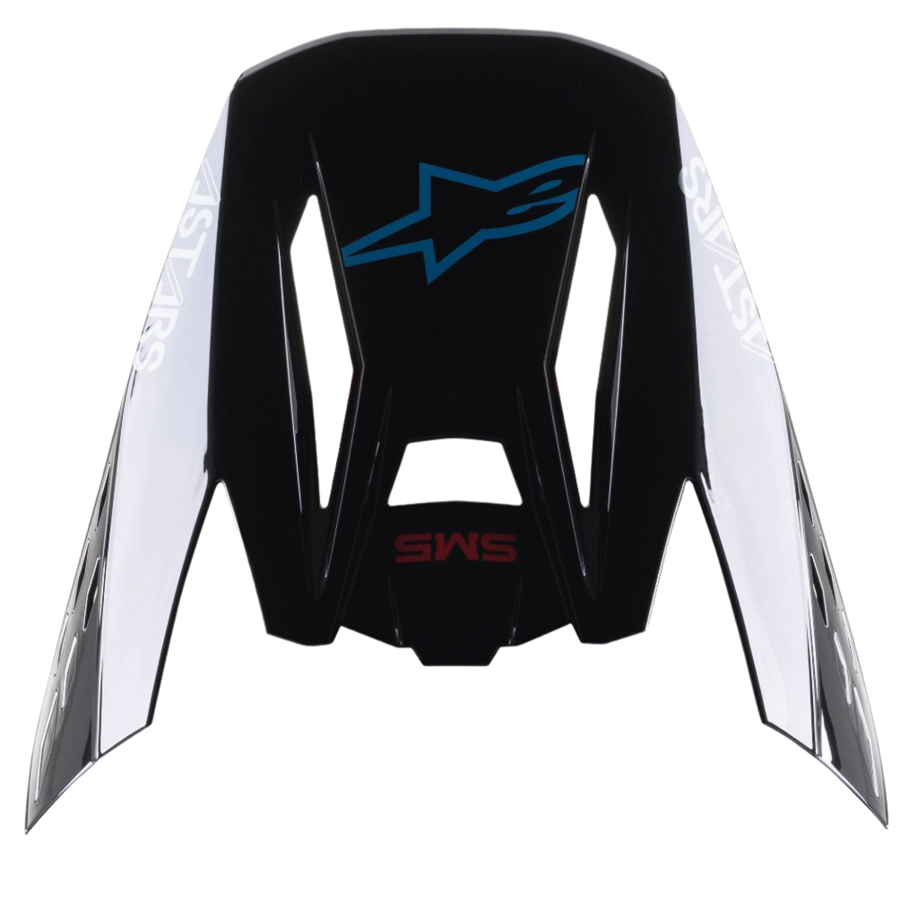 Alpinestars S-M5 Bond hjälmvisir, reservskärm för motocrosshjälmar, svart cyan blank med vit Astars-branding på sidorna, vy ovanifrån med blå stjärnlogotyp och röd SM5-text