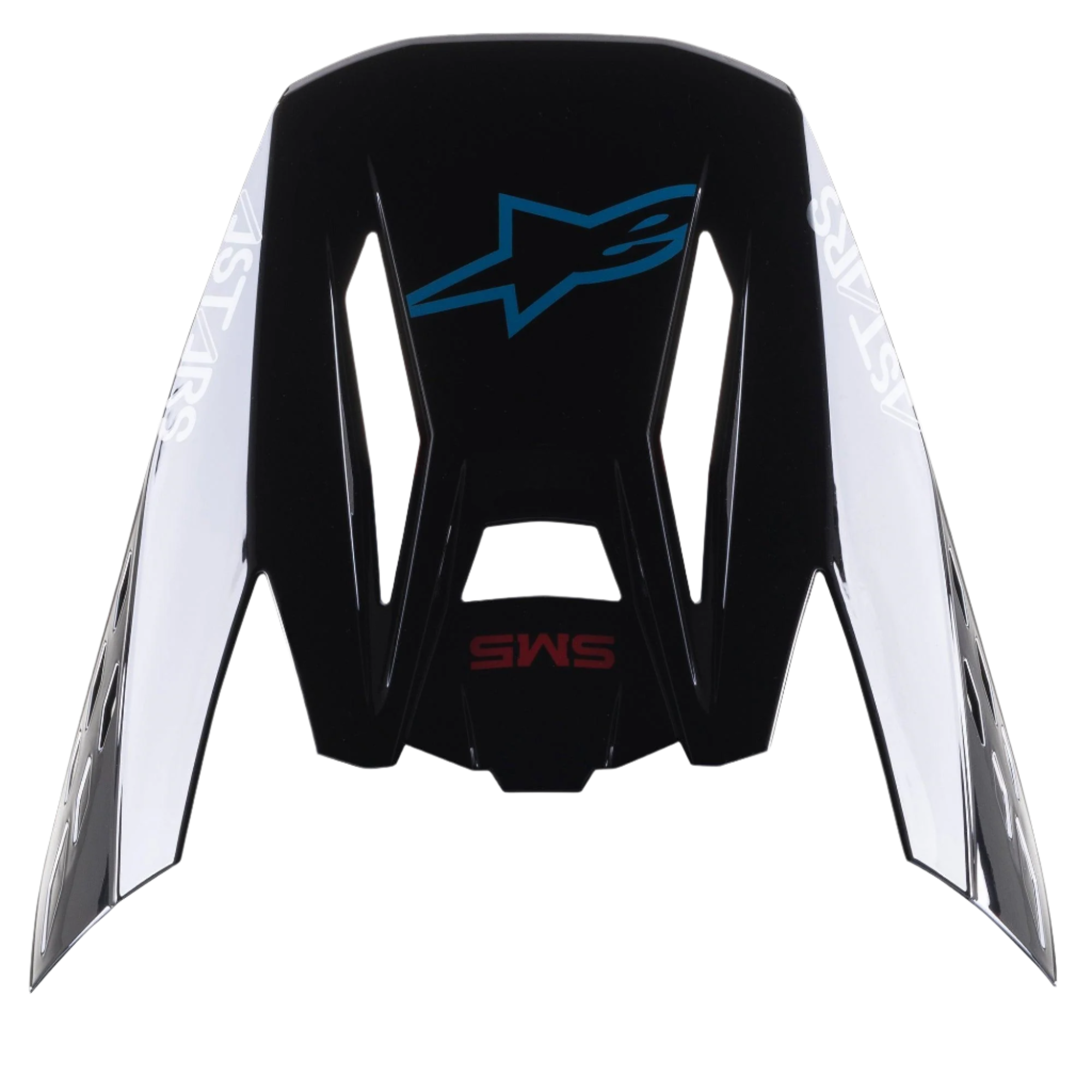 Alpinestars S-M5 Bond Helmet Visor, replacement peak for motocross helmets, Black Cyan Glossy with white Astars side branding, top view featuring blue star logo and red SM5 text