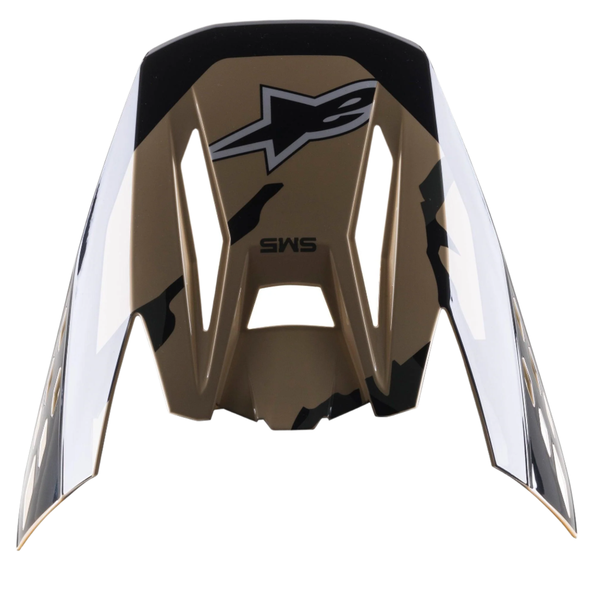 Alpinestars S-M5 Rover-skärm, reservskärm för hjälm, Sand Tangerine Camo Glossy, brun bas med svarta kamouflagedetaljer, Alpinestars-logotyp och SM5-märkning, vinklad design för motocrosshjälmar