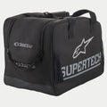 Alpinestars Supertech Semi Rigid Helmet Bag, Black and White, featuring Supertech branding and a large A-star logo, durable protective storage for motorcycle helmets