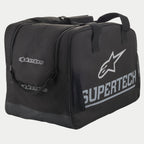 Alpinestars Supertech Semi Rigid Helmet Bag, Black and White, featuring Supertech branding and a large A-star logo, durable protective storage for motorcycle helmets