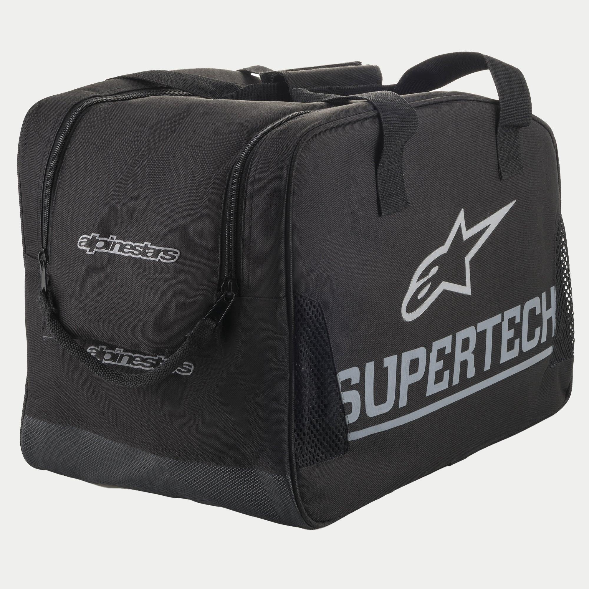 Alpinestars Supertech Semi Rigid Helmet Bag, Black and White, featuring Supertech branding and a large A-star logo, durable protective storage for motorcycle helmets
