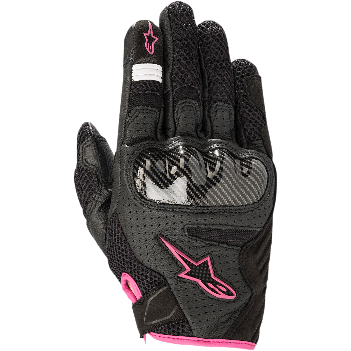 Alpinestars Women Stella SMX-1 Air V2 Gloves, Motorcycle Riding Gloves, Black with Fuchsia pink accents, carbon-fiber textured knuckle protector, perforated leather and air-mesh construction for ventilation, short cuff design