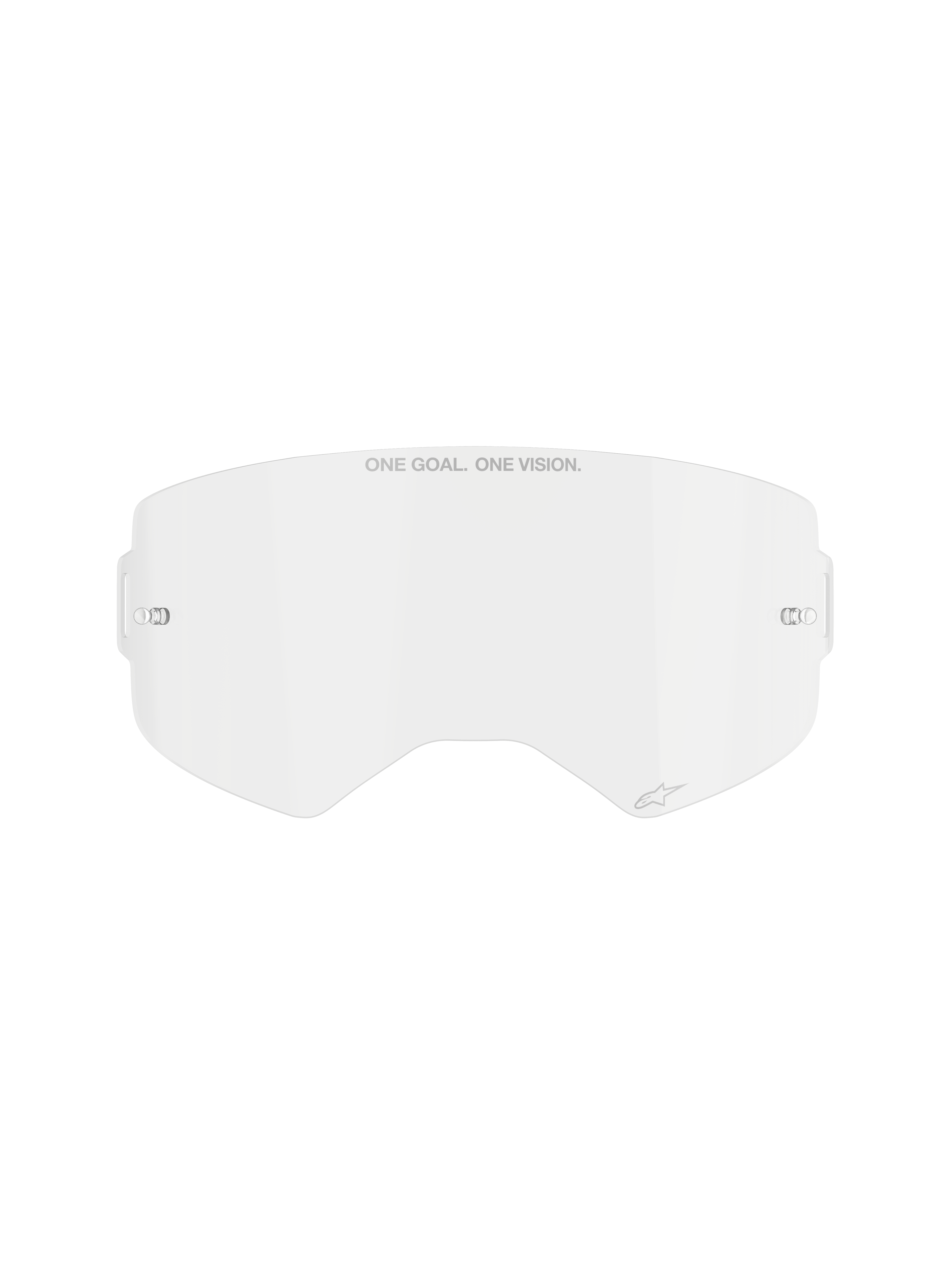 Alpinestars Supertech Clear Lens, utbyteslins för motocrossglasögon, transparent slagtålig polykarbonat, "ONE GOAL. ONE VISION."-text upptill och liten logotypdetalj, har fästen på sidorna för tear-offs
