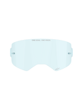 Alpinestars Supertech Clear Lens in Clear Blue, replacement lens for motocross goggles, featuring ONE GOAL ONE VISION branding and integrated tear-off posts, curved impact-resistant polycarbonate design