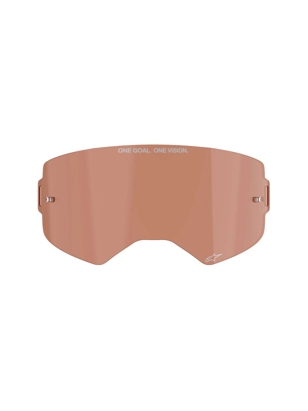 Alpinestars Supertech Goggle Lens, Copper Rose Tinted, injection-molded polycarbonate shield with built-in metal tear-off posts, featuring "ONE GOAL. ONE VISION." branding, off-road and motocross racing accessory