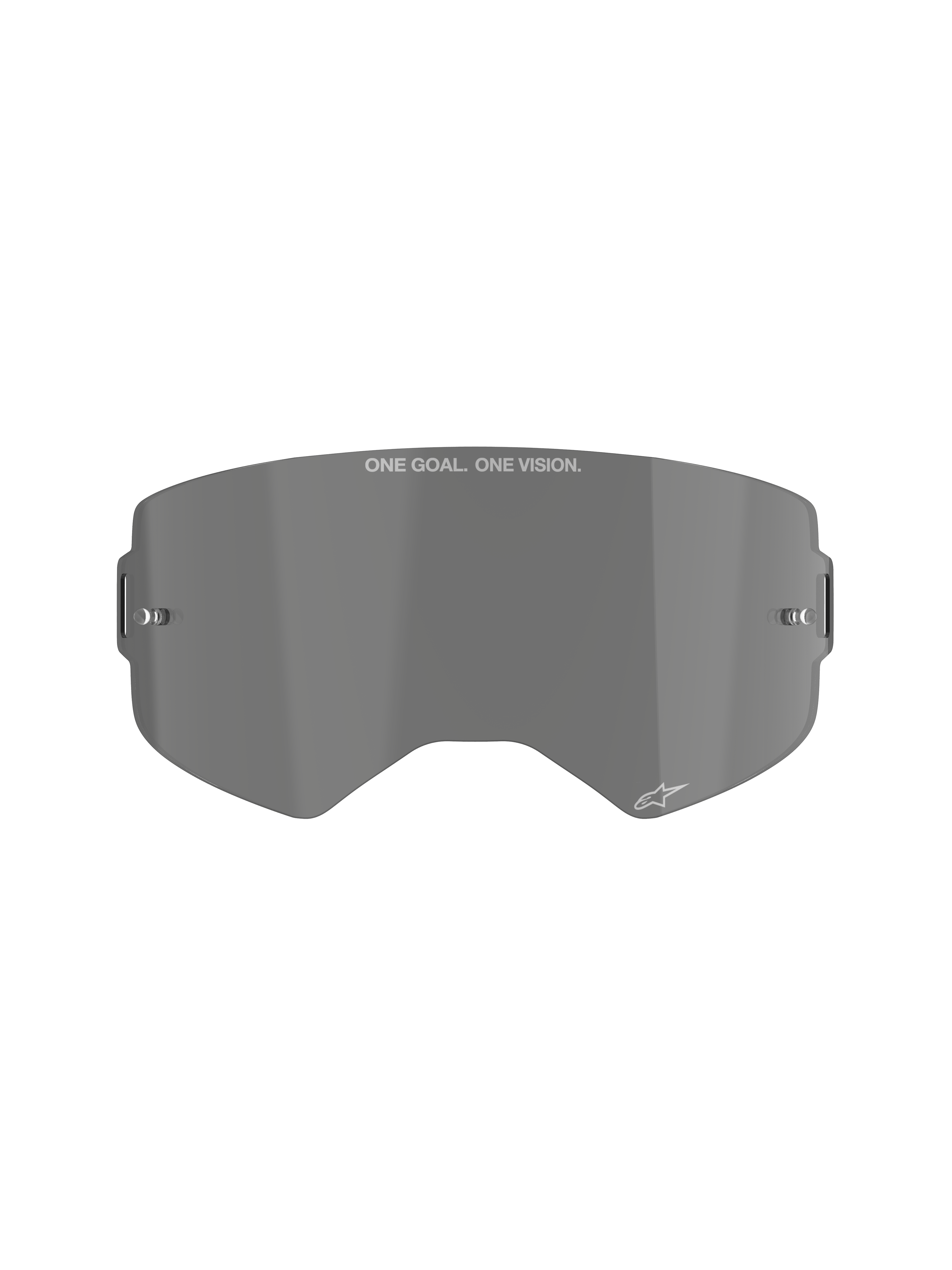 Alpinestars Supertech Smoke Lens, mörkt tonad utbyteslins för motocrossglasögon, böjd formsprutad polykarbonatlins med tear-off-fästen, med texten 'ONE GOAL. ONE VISION.' och Alpinestars stjärnlogotyp