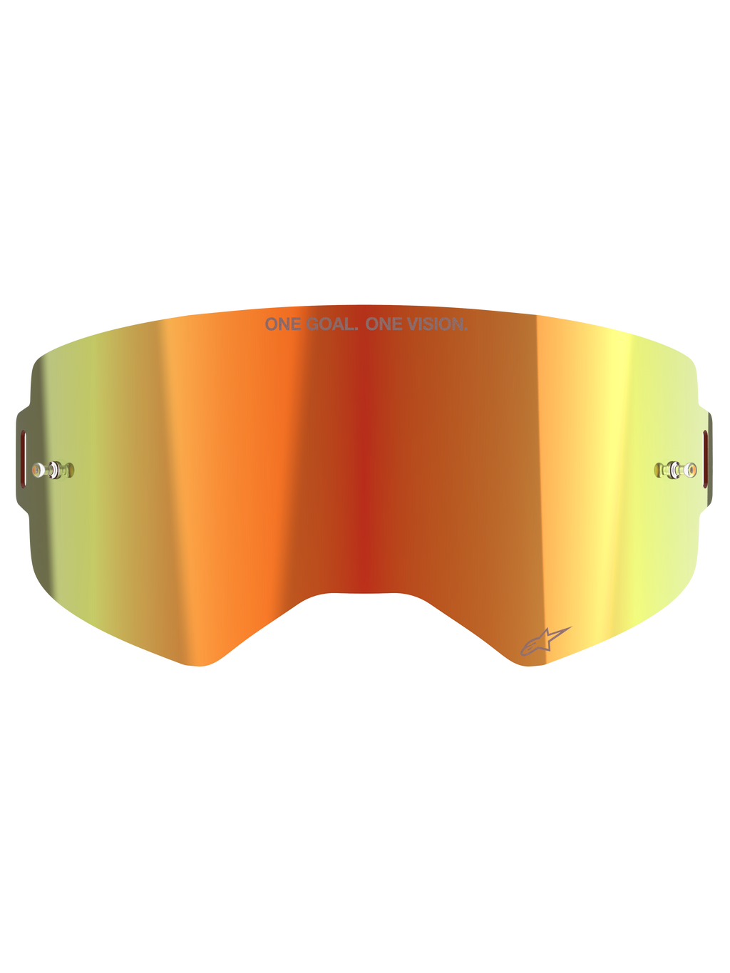 Alpinestars Supertech Mirror Lens, utbyteslins för motocrossglasögon, spegelröd med orange och gul gradient, texten "ONE GOAL. ONE VISION.", inbyggda fästen för tear-offs och reflekterande yta för offroad-racing