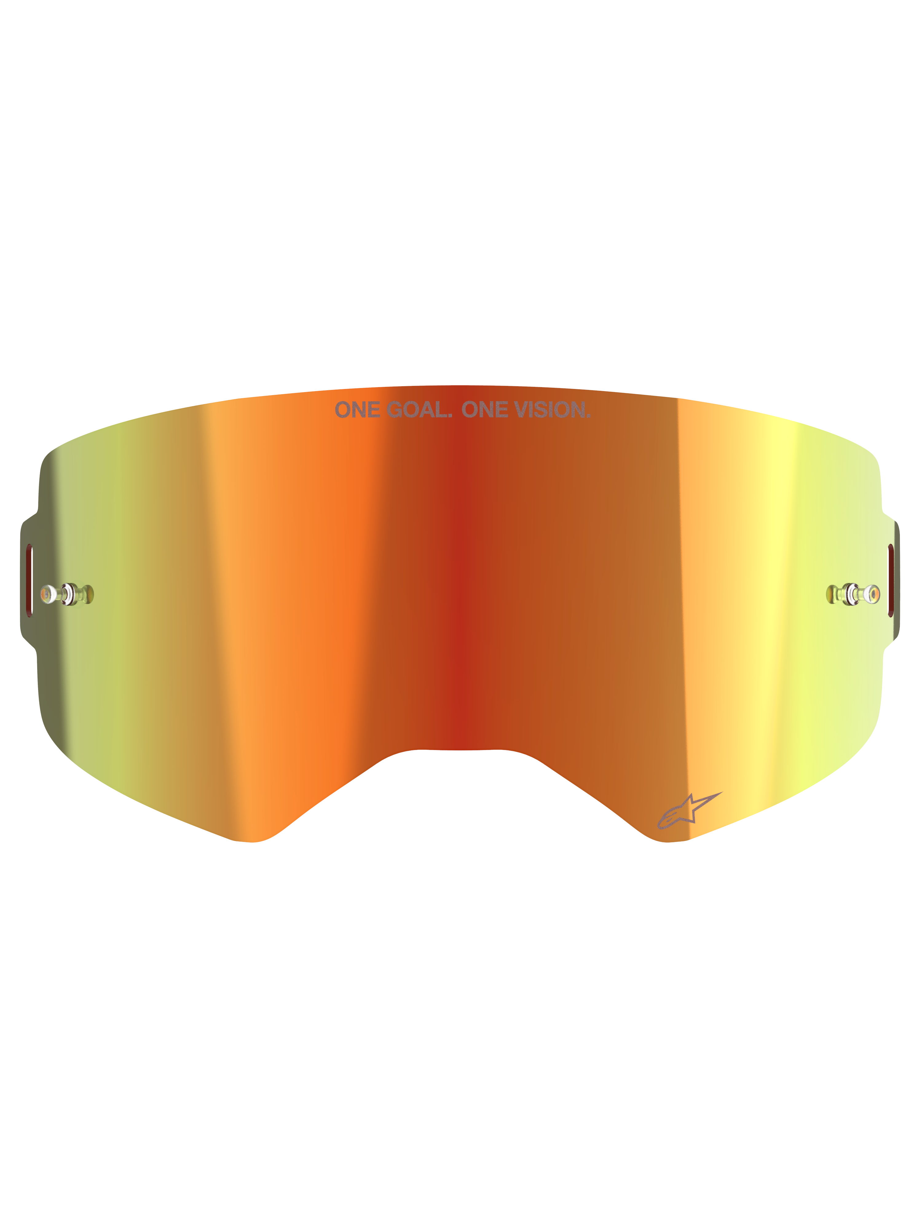 Alpinestars Supertech Mirror Lens, Motocross Goggle Replacement Lens, Mirror Red with orange and yellow gradient, featuring "ONE GOAL. ONE VISION." text, built-in tear-off posts, and reflective finish for off-road racing