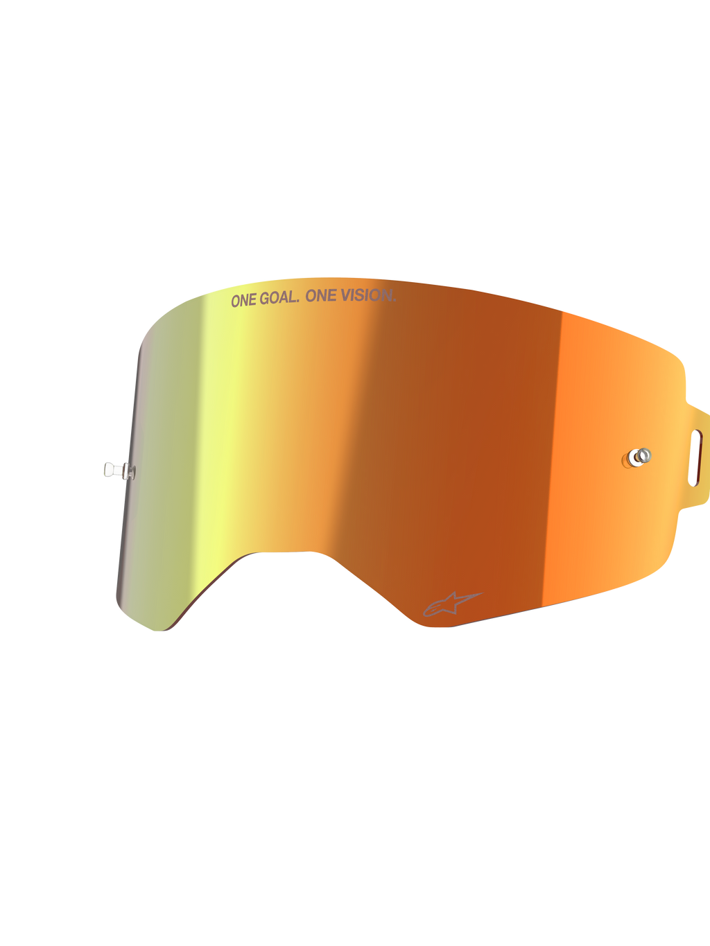 Alpinestars Supertech Mirror-lins, utbyteslins för motocrossglasögon, Mirror Red med orange och gul färgövergång, med texten 'ONE GOAL. ONE VISION.' och Alpinestars-logotyp, reflekterande yta med fästen för tear-offs för motocrossracing