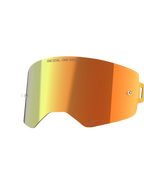 Alpinestars Supertech Mirror-lins, utbyteslins för motocrossglasögon, Mirror Red med orange och gul färgövergång, med texten 'ONE GOAL. ONE VISION.' och Alpinestars-logotyp, reflekterande yta med fästen för tear-offs för motocrossracing