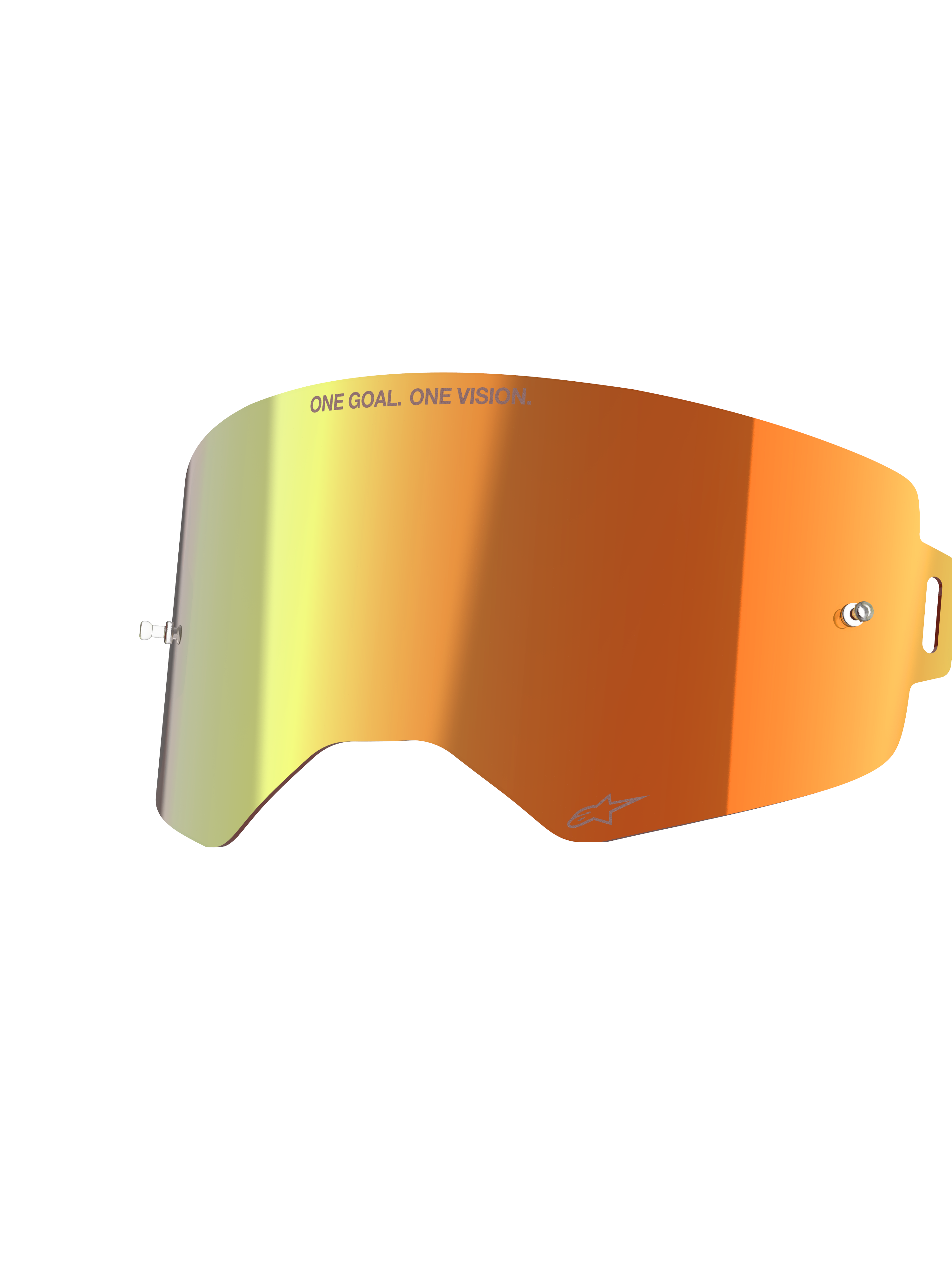 Alpinestars Supertech Mirror-lins, utbyteslins för motocrossglasögon, Mirror Red med orange och gul färgövergång, med texten 'ONE GOAL. ONE VISION.' och Alpinestars-logotyp, reflekterande yta med fästen för tear-offs för motocrossracing
