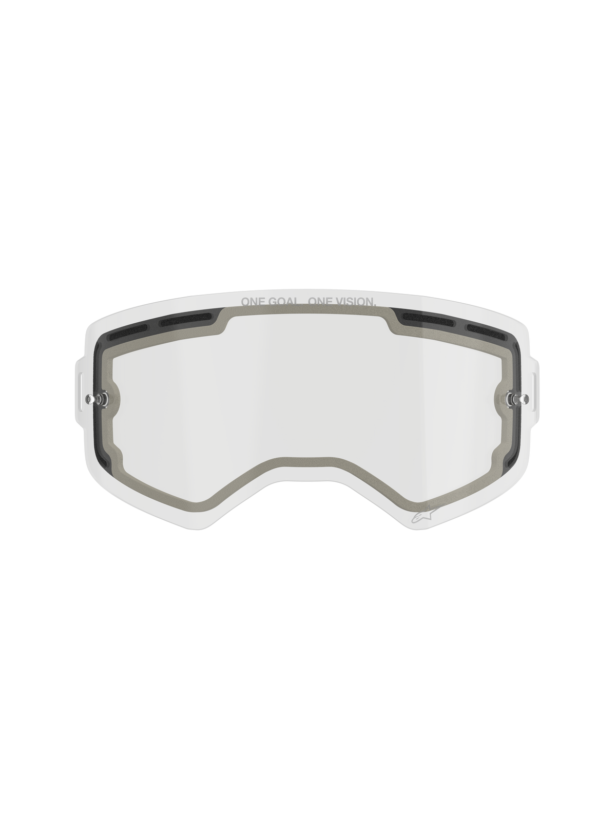Alpinestars Supertech Double Pane Lens, reservlins för motocrossglasögon, klar, ventilerad design med grå skumtätningar, 'ONE GOAL. ONE VISION.'-märkning på överkanten, böjd imskyddad polykarbonat för terrängkörning