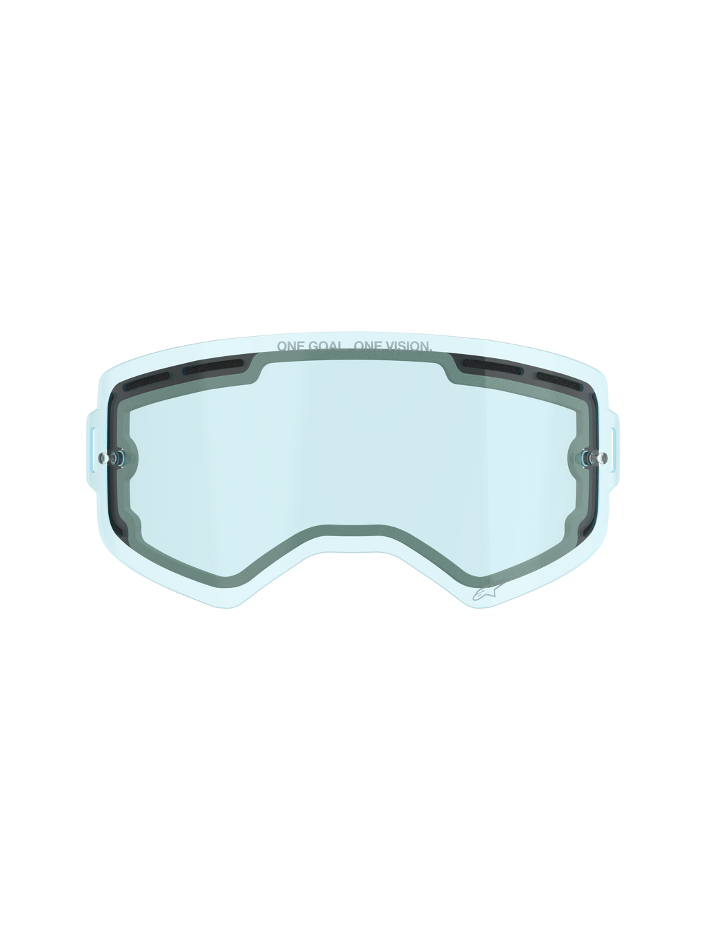 Alpinestars Supertech Dual Pane Vented Lens, Motocross Goggle Replacement Lens, Blue tint, featuring dual-pane polycarbonate construction, black foam seal, top and side ventilation ports, 'ONE GOAL. ONE VISION.' branding, anti-fog performance for off-road racing