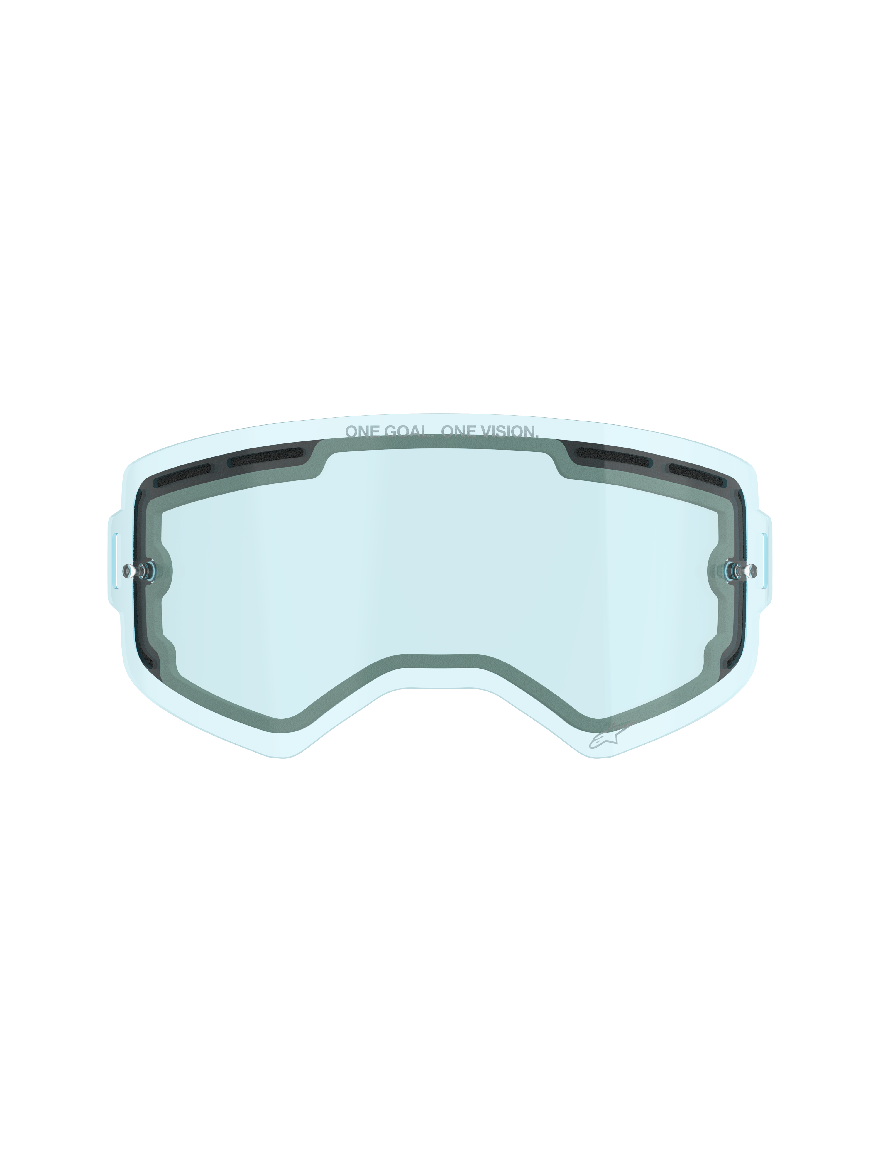 Alpinestars Supertech Dual Pane Vented Lens, Motocross Goggle Replacement Lens, Blue tint, featuring dual-pane polycarbonate construction, black foam seal, top and side ventilation ports, 'ONE GOAL. ONE VISION.' branding, anti-fog performance for off-road racing