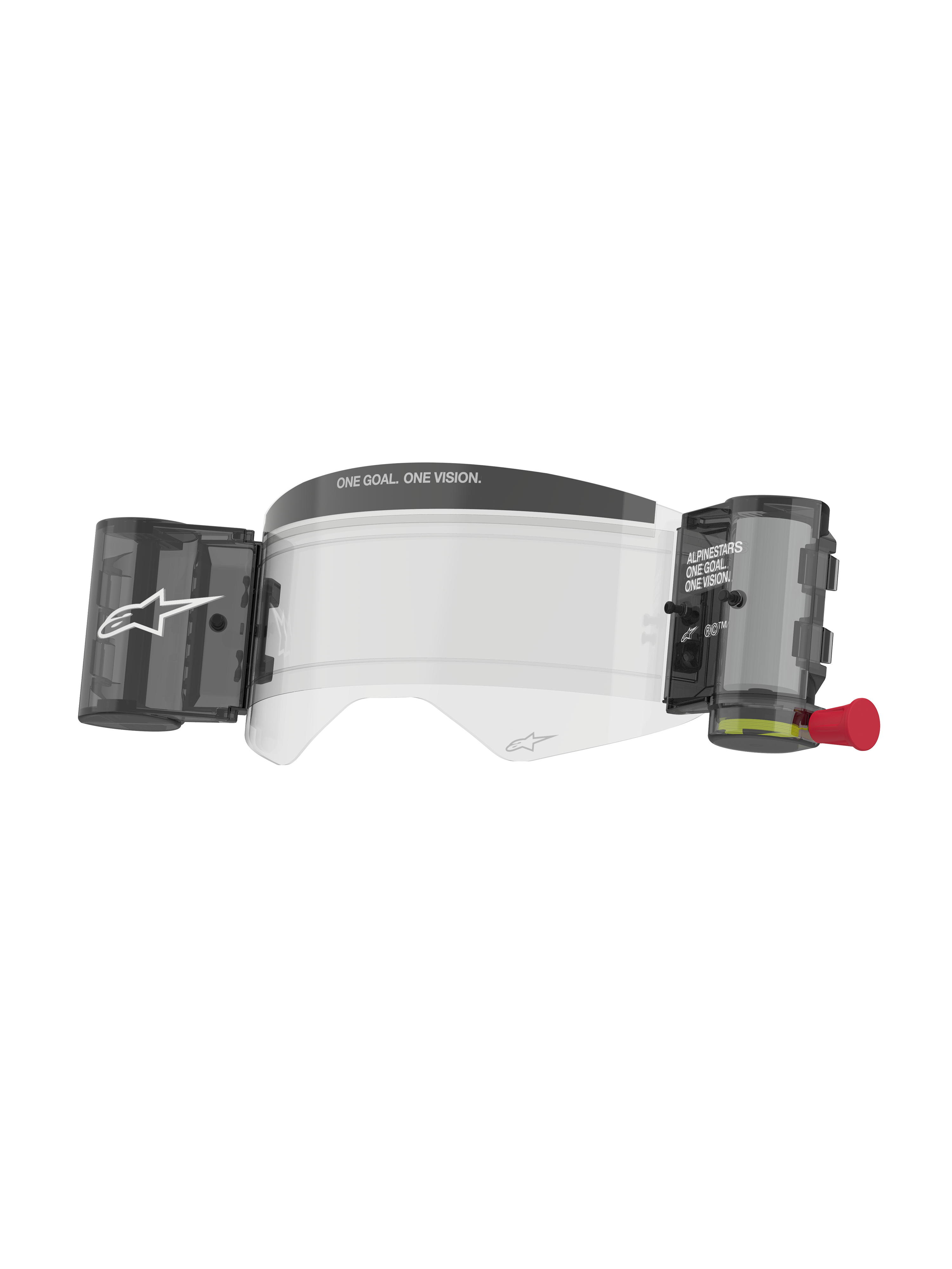 Alpinestars Supertech Roll Off Kit Wide Vision, Motocross Goggle Accessory, Transparent anti-fog lens with integrated roll-off film system, black canisters and red pull tab, featuring ONE GOAL ONE VISION branding, high-impact polycarbonate for off-road racing