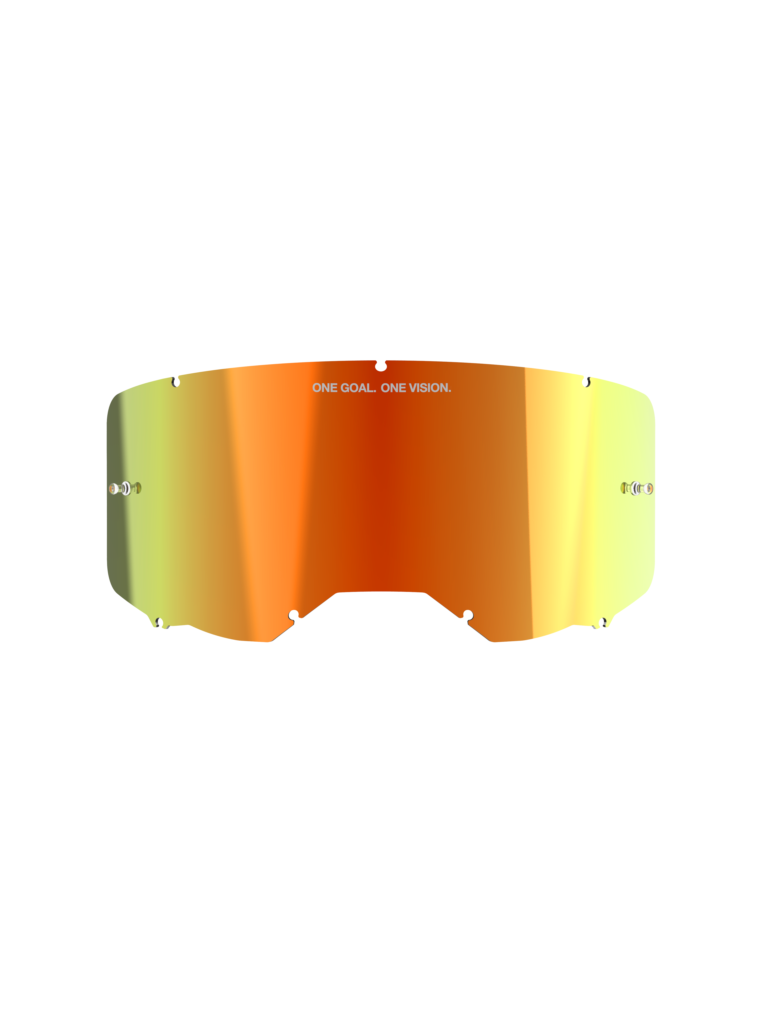 Alpinestars Vision 8-5-3 Mirror Lens, Motocross Goggle Accessory, Mirror Red finish with orange and yellow gradient, featuring 'ONE GOAL. ONE VISION.' text, integrated tear-off posts, and notched edges for secure frame mounting.