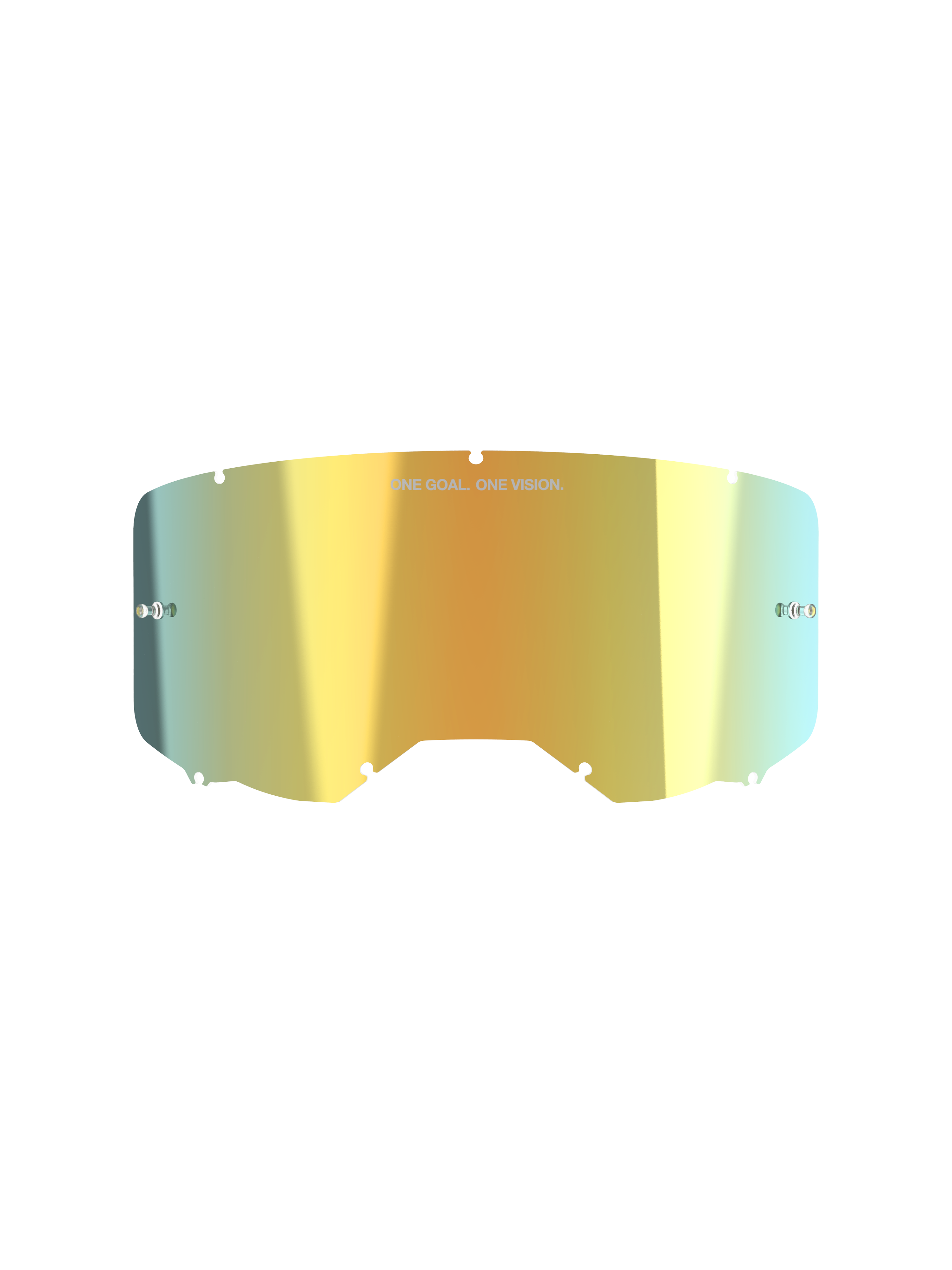 Alpinestars Vision 8-5-3 spegellins, tillbehör till motocrossglasögon, spegelguld, reflekterande metallisk yta med texten "ONE GOAL. ONE VISION.", integrerade tear-off-fästen, sju-punkts nyckelhålslåsning, högklar polykarbonat för terrängkörning