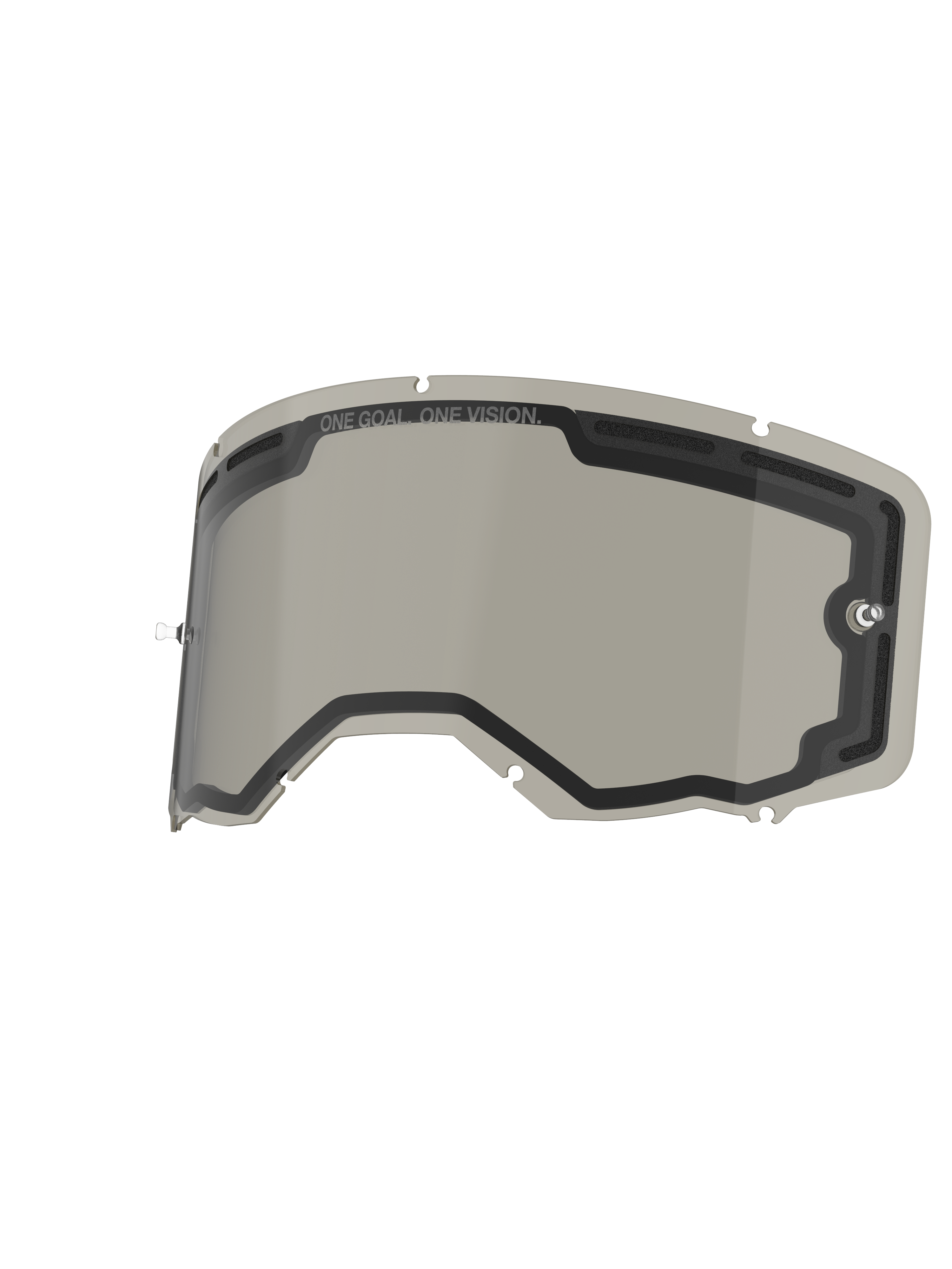 Alpinestars Vision 8-5-3 Dual Pane Lens, Smoke color, replacement goggle lens with vented dual-pane construction, integrated tear-off posts and 'ONE GOAL. ONE VISION.' branding, designed for motocross and off-road riding