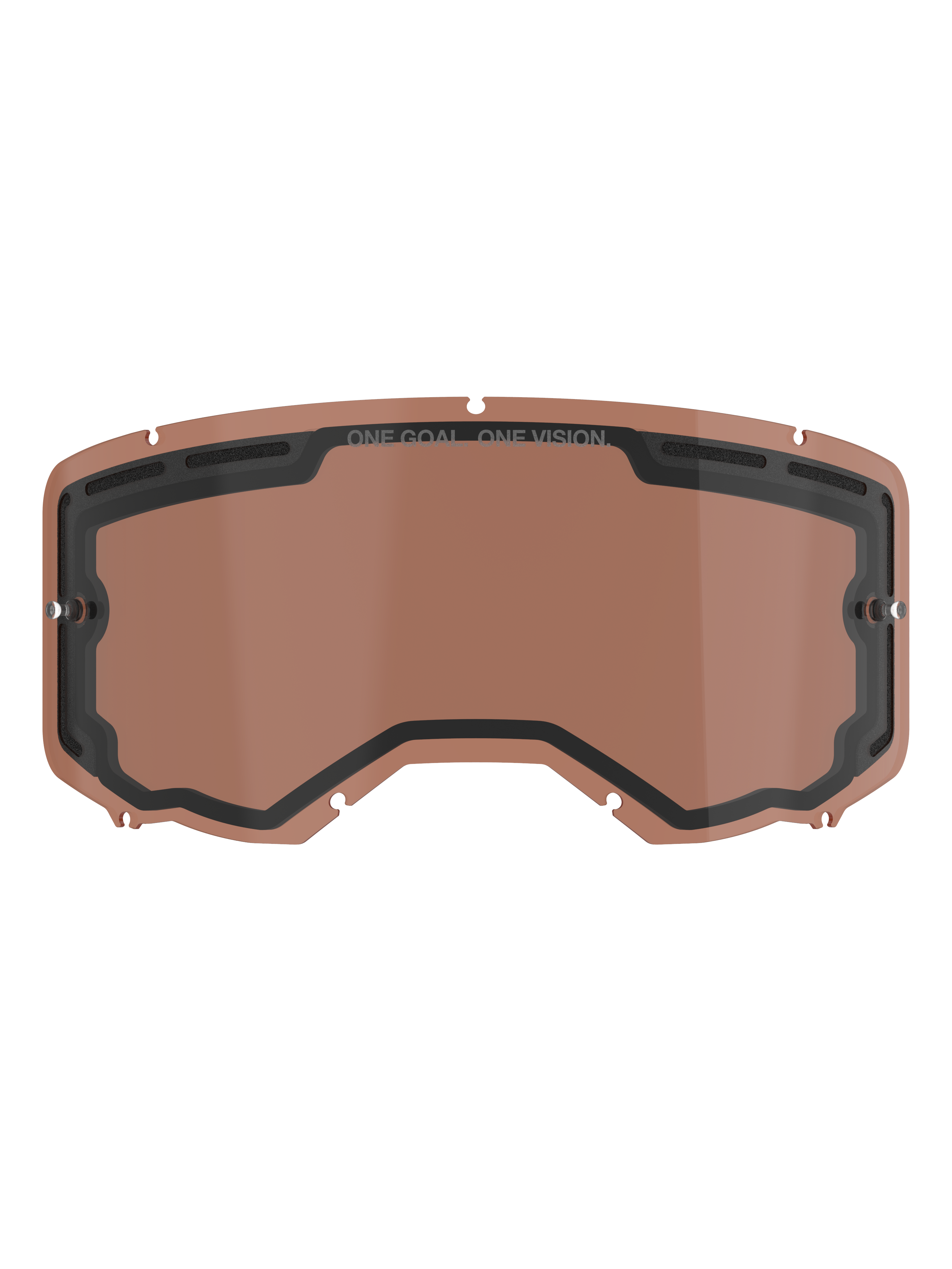 Alpinestars Vision 8-5-3 ventilerad dubbellins, Copper Rose-tonad reservlins för motocrossglasögon, med integrerade tear-off-fästen, ventilationsöppningar upptill och "ONE GOAL ONE VISION"-märkning.