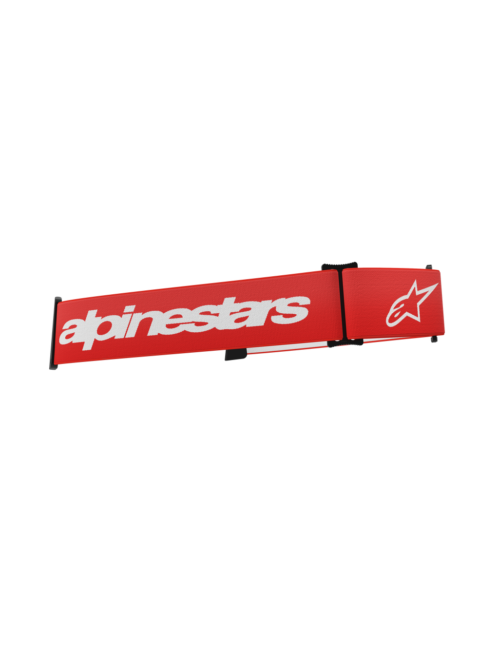 Alpinestars Supertech Goggles Strap, röd ersättningsrem för motocrossglasögon med vit Alpinestars-logotyp och text, svarta justeringsklips och vävt elastiskt tyg.