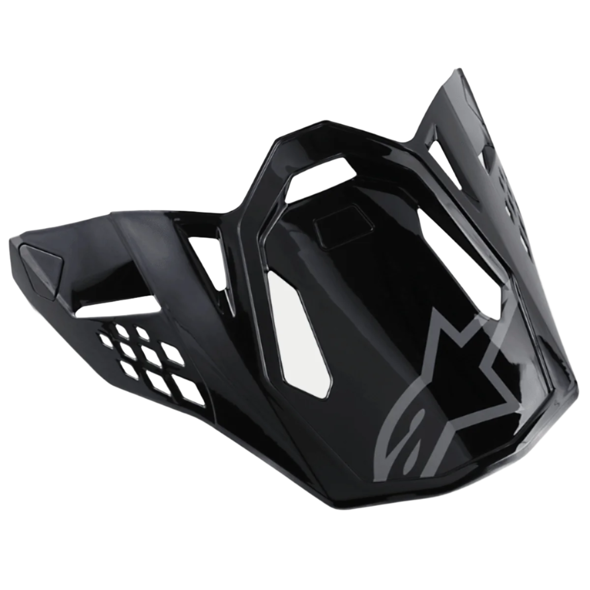 Alpinestars S-M8 hjälmvisir Radium, blanksvart hjälmskärm för motorcykel med grå Alpinestars-logotyp, aerodynamiska vinklade utskärningar och skarpa kanter, modern racingstil för off-road-hjälmar