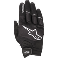 Alpinestars Atom-handskar, lätta motorcykelhandskar, svarta och vita, med en stor vit stjärnlogotyp på handryggen, meshpaneler för ventilation, vadderade knogar och en säker kardborrestängning vid handleden