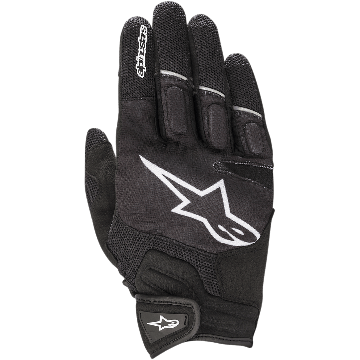 Alpinestars Atom-handskar, lätta motorcykelhandskar, svarta och vita, med en stor vit stjärnlogotyp på handryggen, meshpaneler för ventilation, vadderade knogar och en säker kardborrestängning vid handleden
