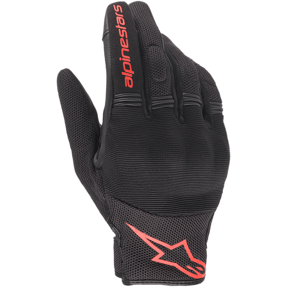 Alpinestars Copper handskar, urbana motorcykelhandskar, svarta och röd fluo, röd Astars-logotyp och textlogotyp, konstruktion i mesh och spandex med vadderade knogar, lätt pendlingsutrustning
