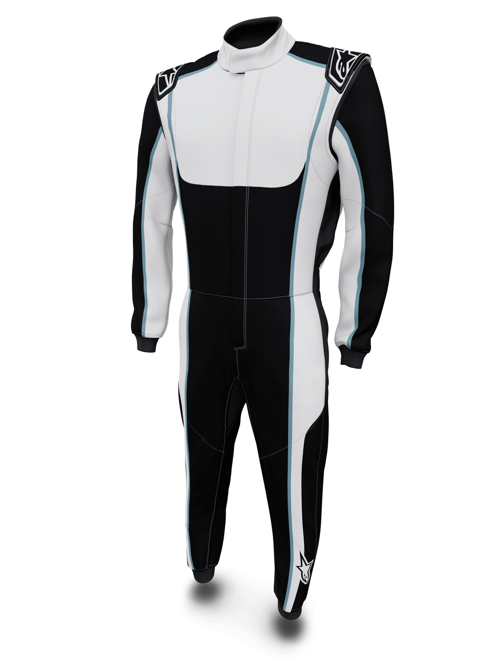 Alpinestars Tech Vision V3 racingoverall för bilsport, svart och vit med blåa detaljer, FIA-certifierat Nomex.
