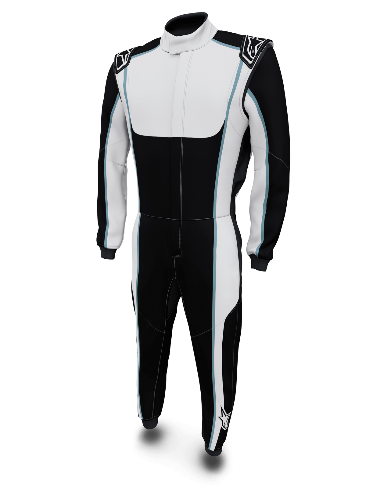 Alpinestars Tech Vision V3 Custom Suit, Professional Auto Racing Suit, Black and White with Light Blue accents, high collar, shoulder logo patches, fire-retardant construction, full-body view