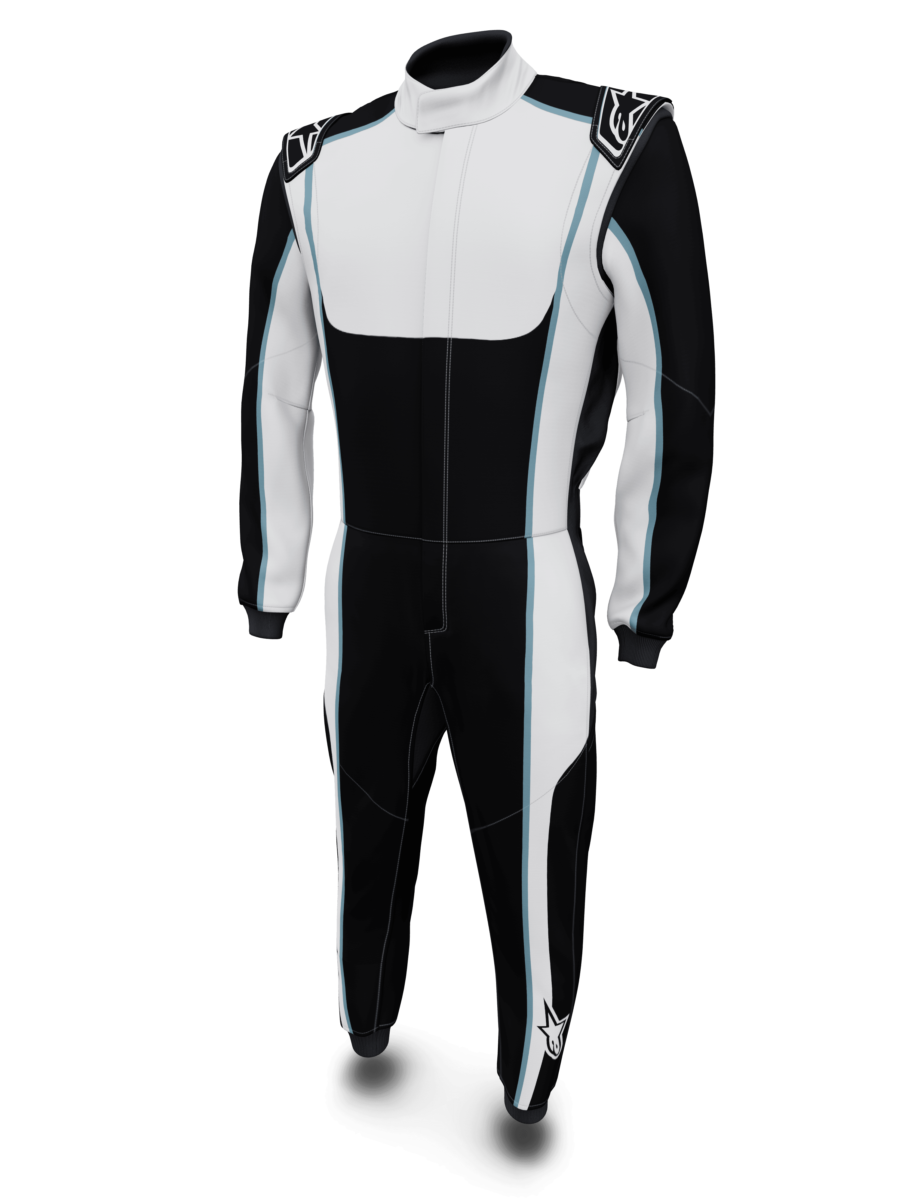 Alpinestars Tech Vision V3 racingoverall för bilsport, svart och vit med blåa detaljer, FIA-certifierat Nomex.