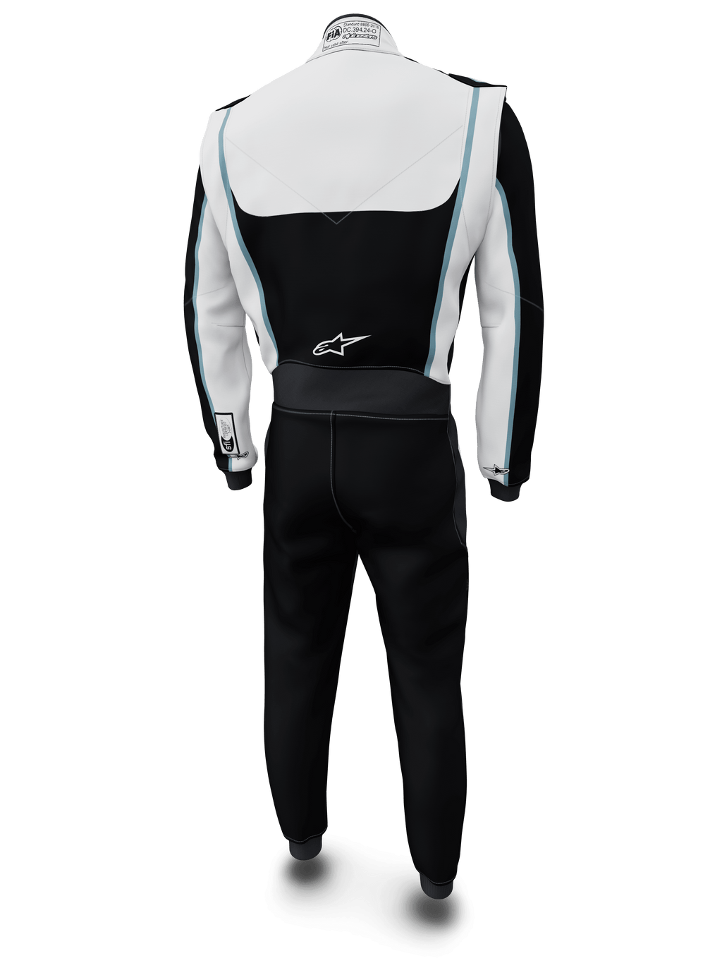 Alpinestars Tech Vision V3 Custom Suit, bilracingoverall, vit och svart med ljusblå detaljer, vy bakifrån, med Alpinestars-logotyp på ländryggen och FIA-certifieringsetikett på kragen, professionella flamskyddade racingkläder med Nomex-konstruktion