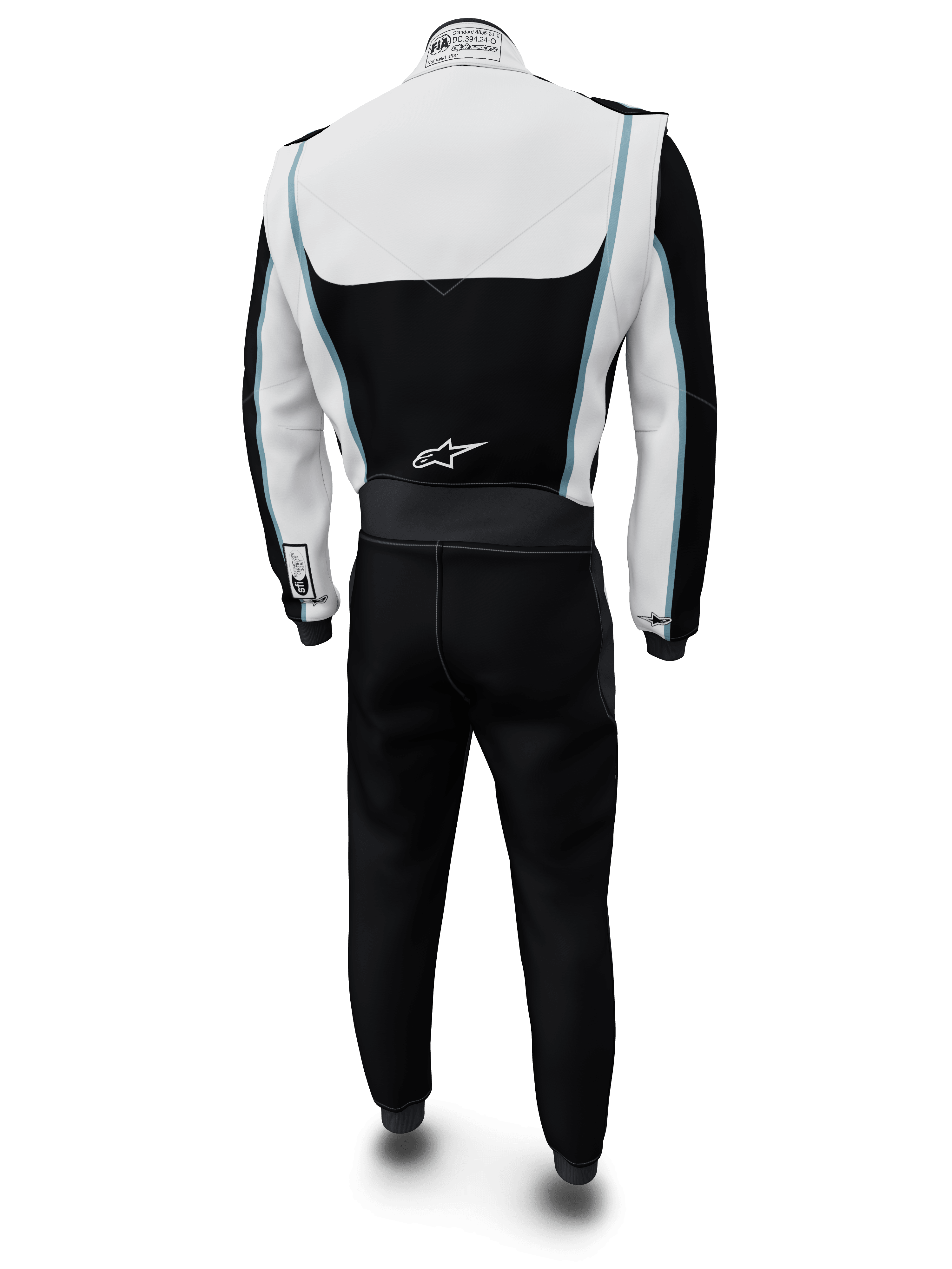 Alpinestars Tech Vision V3 Custom Suit, bilracingoverall, vit och svart med ljusblå detaljer, vy bakifrån, med Alpinestars-logotyp på ländryggen och FIA-certifieringsetikett på kragen, professionella flamskyddade racingkläder med Nomex-konstruktion