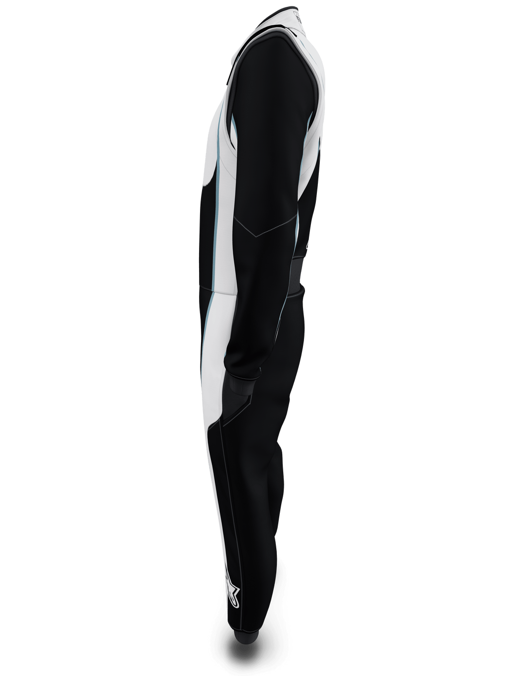 Alpinestars Tech Vision V3 Custom Suit, vy från sidan, svart och vit med ljusblå detaljer, professionell FIA- och SFI-certifierad racingoverall, lätt Nomex-konstruktion