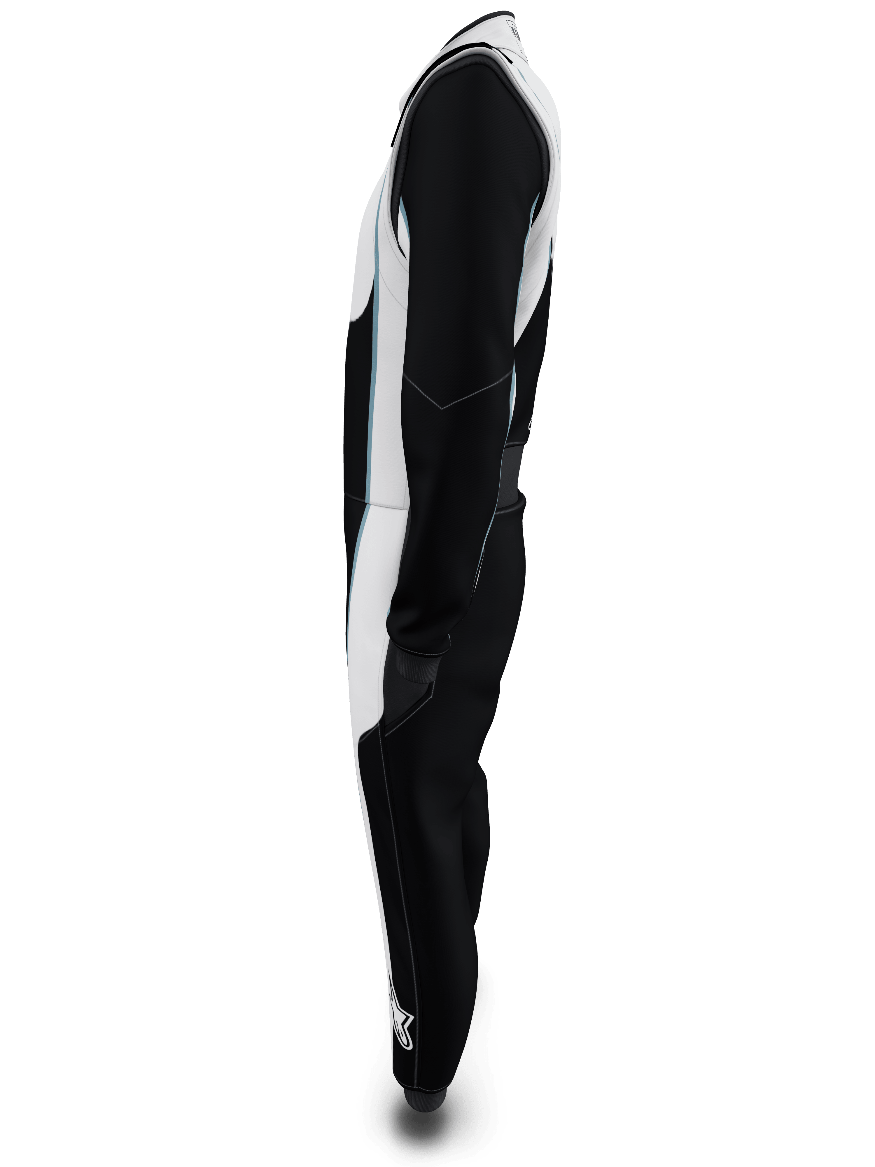 Alpinestars Tech Vision V3 Custom Suit, vy från sidan, svart och vit med ljusblå detaljer, professionell FIA- och SFI-certifierad racingoverall, lätt Nomex-konstruktion
