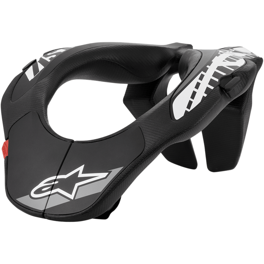 Alpinestars Youth Neck Support, nackskydd för motocross, svart med vit grafik och röd flik, ergonomisk design med texturerad yta, skyddsutrustning för ungdomar