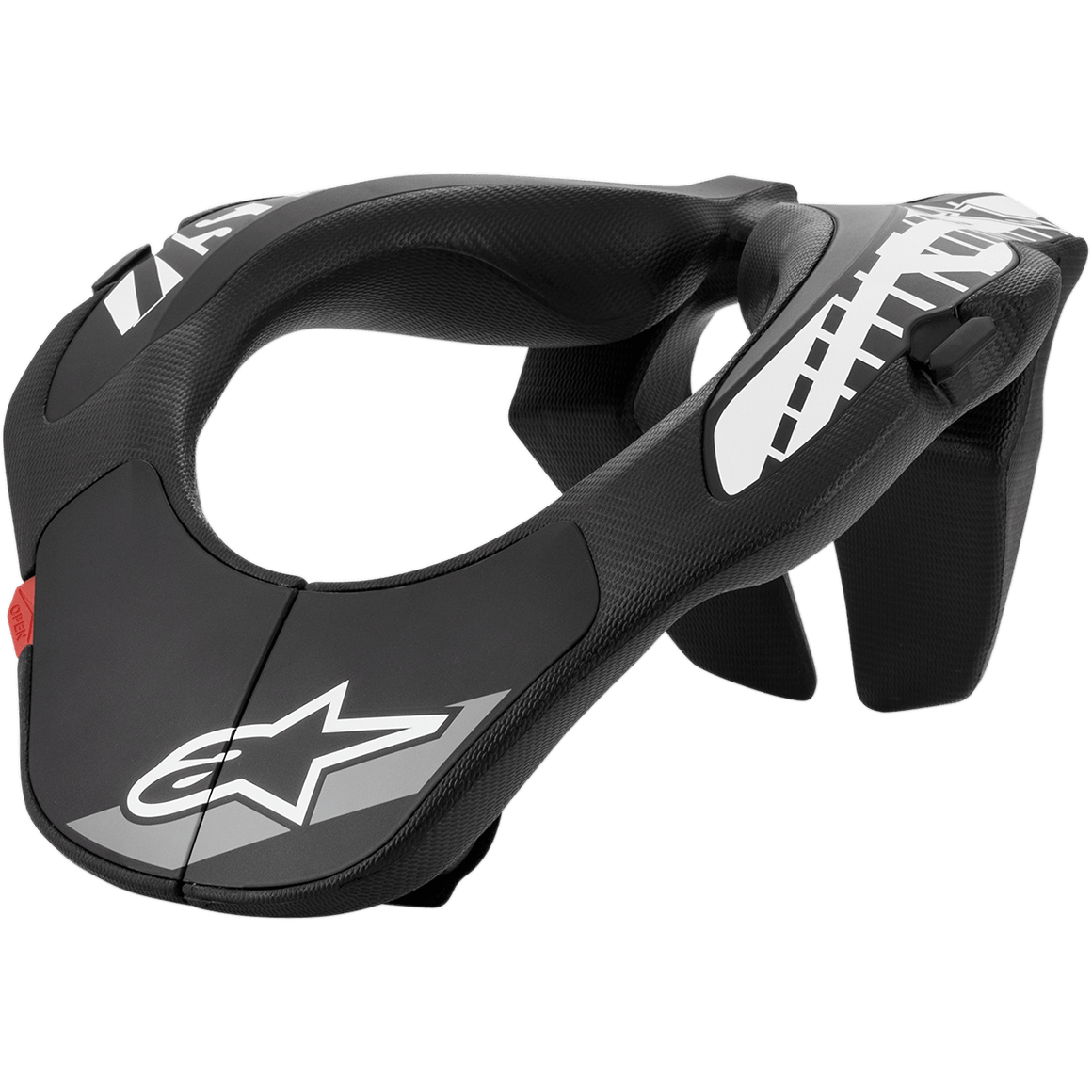 Alpinestars Youth Neck Support, nackskydd för motocross, svart med vit grafik och röd flik, ergonomisk design med texturerad yta, skyddsutrustning för ungdomar