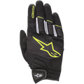 Alpinestars Atom Gloves, lightweight motorcycle road gloves, Black and Yellow Fluorescent, mesh shell for airflow, large fluorescent yellow logo on backhand, white finger accents, and hook-and-loop wrist strap for urban use.