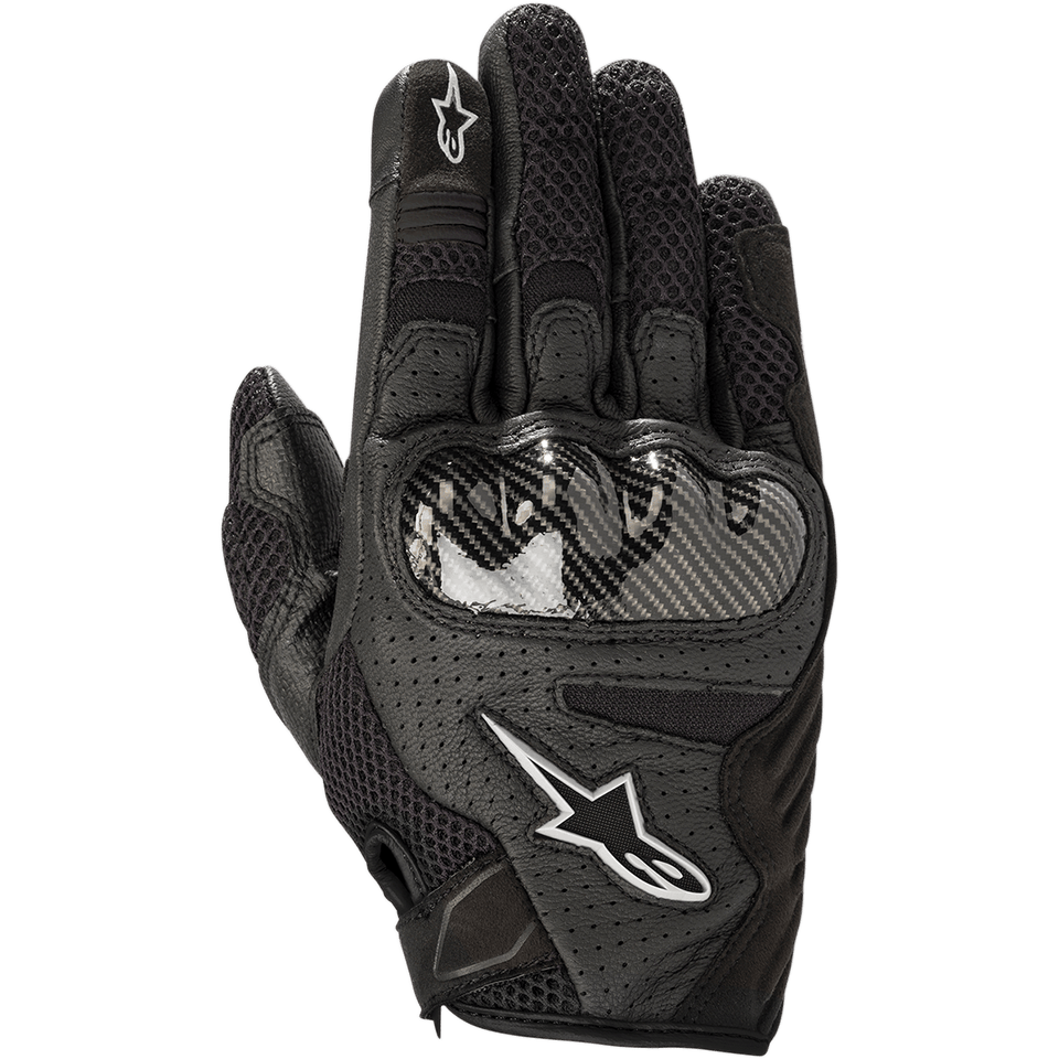 Alpinestars Stella SMX-1 Air V2 handskar för dam, svarta, motorcykelhandskar med perforerat läder och ventilerande mesh, knogskydd i kolfiberstil, vita Alpinestars-stjärnlogotyper, sportorienterad design med kort krage