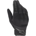 Alpinestars Stella Copper Women's Gloves, Black Motorcycle Gloves, backhand view showing mesh and textile construction, features ribbed accordion panels on fingers, alpinestars wordmark on the index finger and star logo on the wrist, lightweight urban design