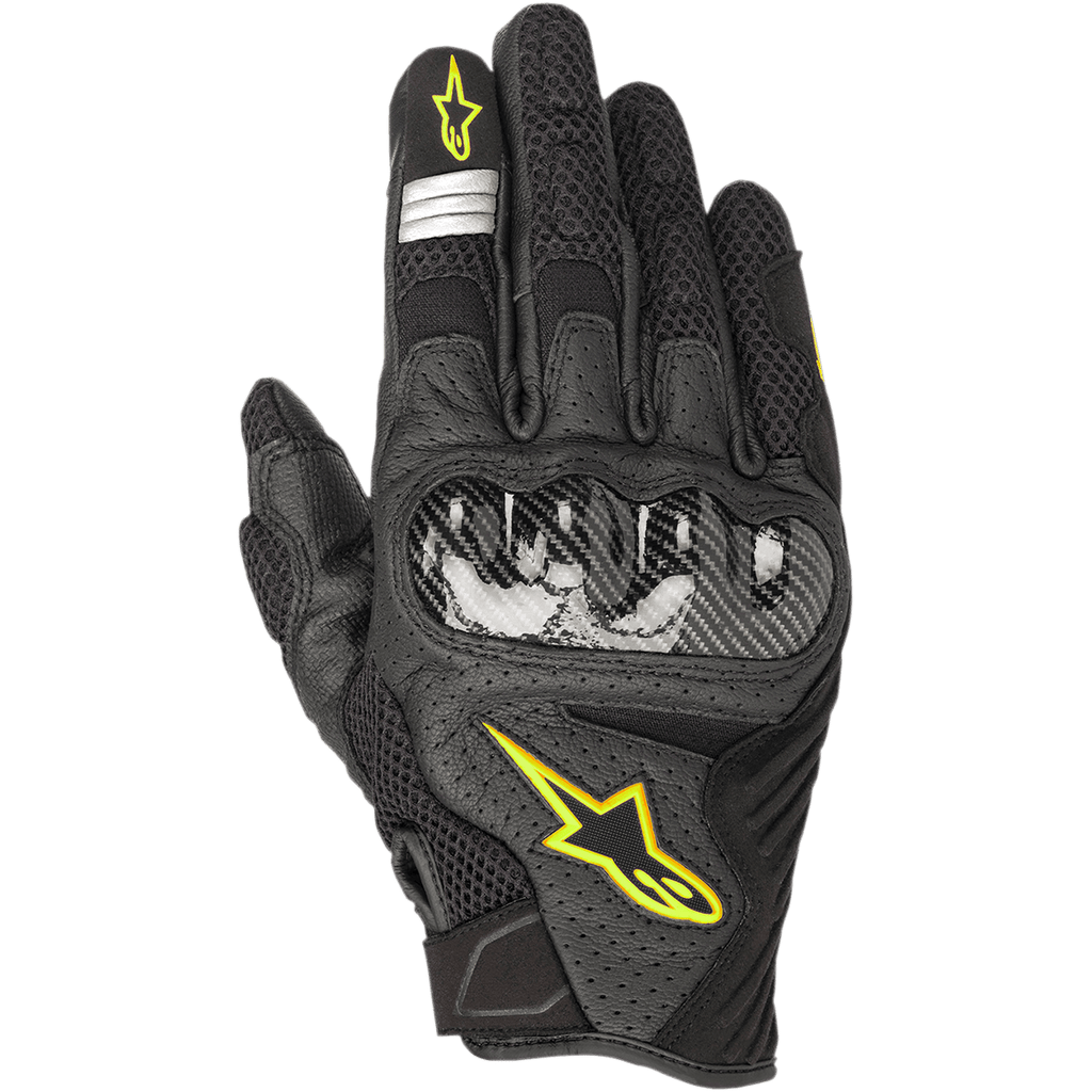 Alpinestars SMX-1 Air V2 Gloves, Motorcycle Gloves, Black with Yellow Fluorescent accents, featuring a carbon fiber knuckle guard, mesh and perforated leather construction for breathability, yellow Astars logo, and silver reflective details on the index finger.