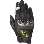 Alpinestars SMX-1 Air V2 Gloves, Motorcycle Gloves, Black with Yellow Fluorescent accents, featuring a carbon fiber knuckle guard, mesh and perforated leather construction for breathability, yellow Astars logo, and silver reflective details on the index finger.