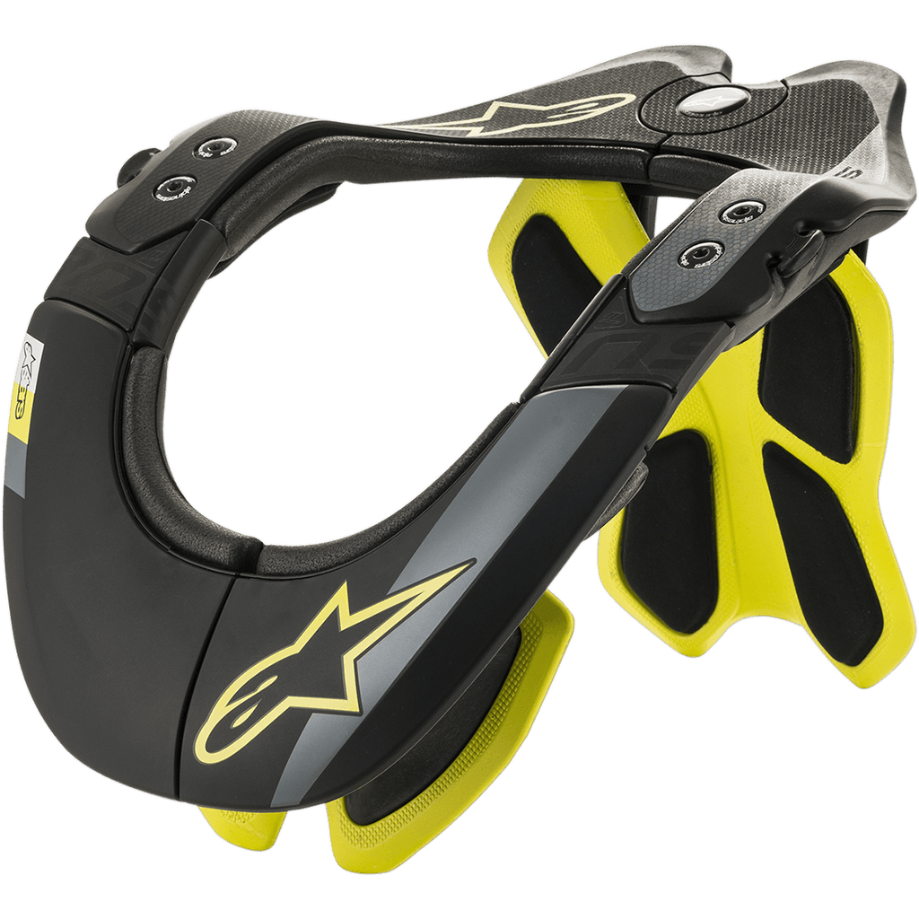 Alpinestars BNS Tech 2 nackskydd, nackstöd för motorcykel, svart och fluorescerande gul, ergonomisk kolfiberpolymerram med vadderad insida, detaljer med stjärnlogotyp, skydd för motocross och off-road