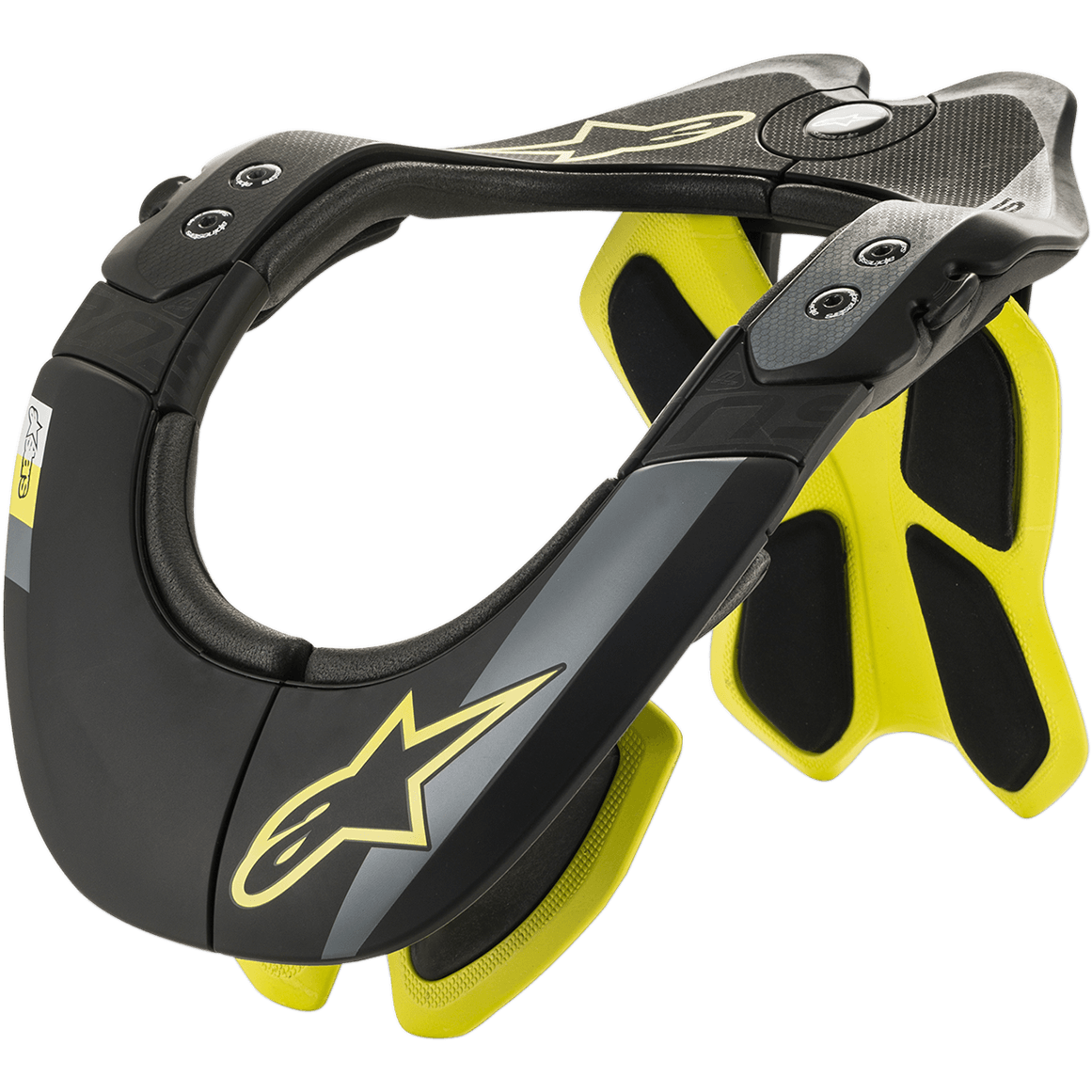 Alpinestars BNS Tech 2 nackskydd, nackstöd för motorcykel, svart och fluorescerande gul, ergonomisk kolfiberpolymerram med vadderad insida, detaljer med stjärnlogotyp, skydd för motocross och off-road